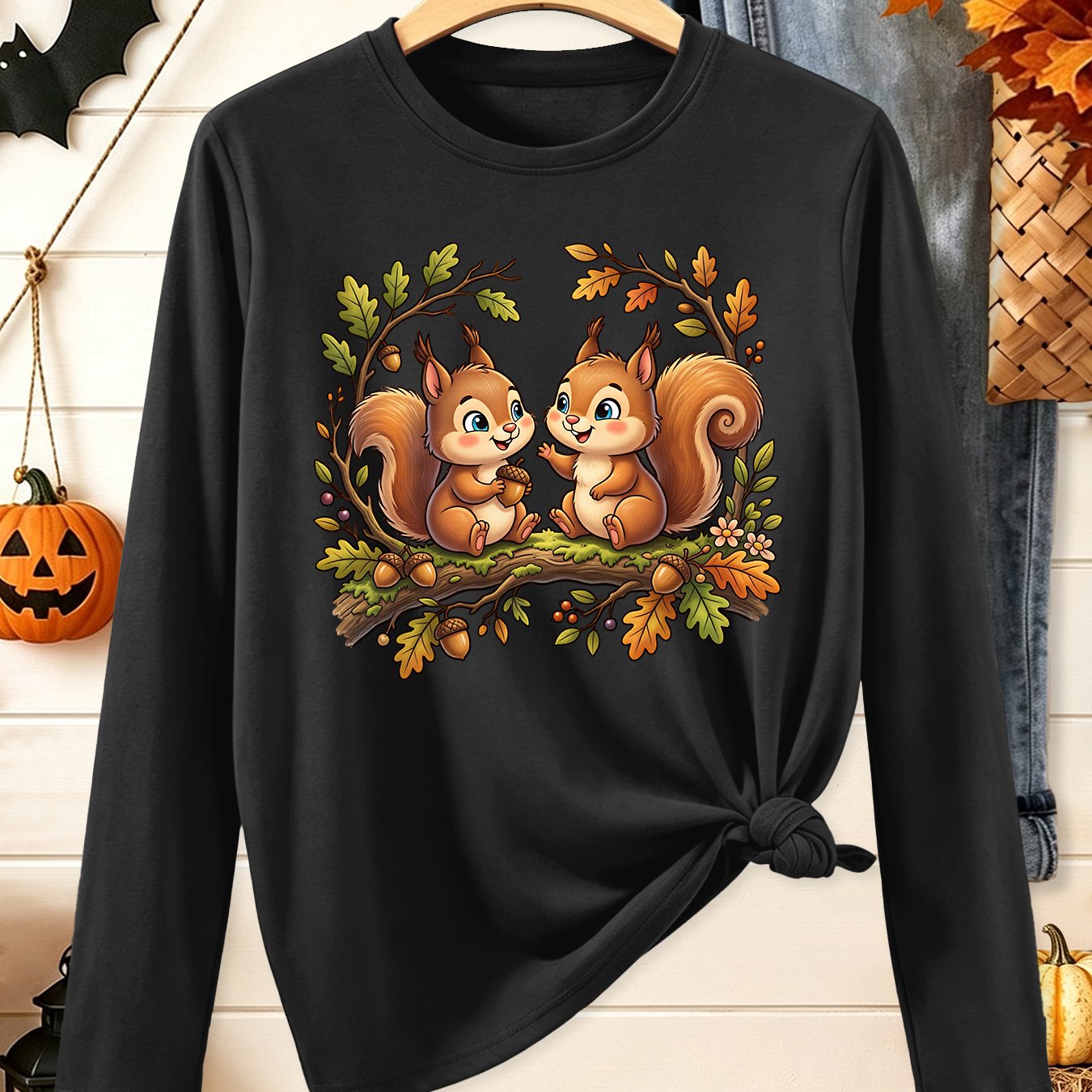 TEMU Women's Elegant Size Plus Loose Long Sleeve Gift, Squirrel On A Branch Pattern Printed Fashionable Elegant Women's Spring Autumn Winter Casual