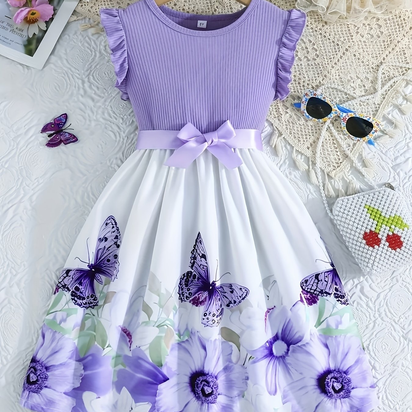 Image of Girls' Romantic Floral Print Round Neck Puff Sleeve Dress With Belt, Christmas Dress, Perfect For Gifting, Holiday Parties, Gatherings/vacation/outdoor/casual Wear