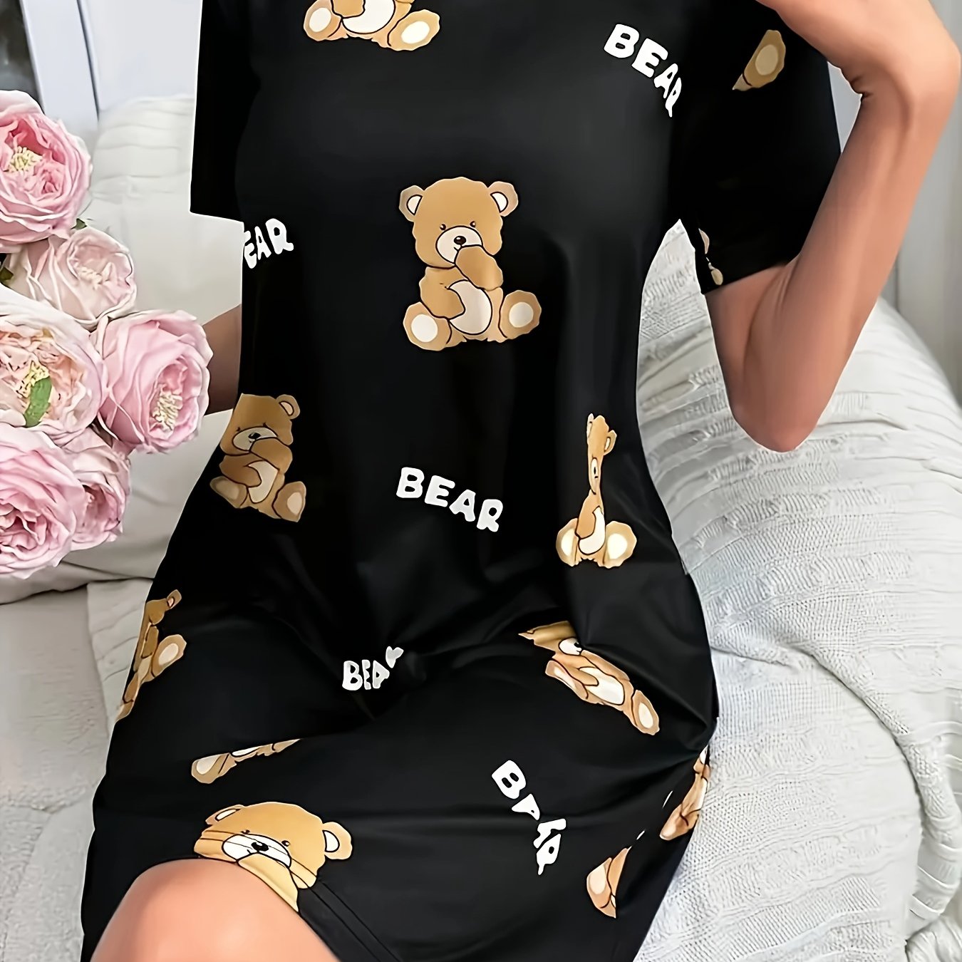 E-shop Damen Bären- & Buchstaben-Pyjama-Kleid – Kurzarm-Nachthemd mit asymmetrischem Schnitt, Rundhals-T-Shirt-Kleid für Frühling Sommer,