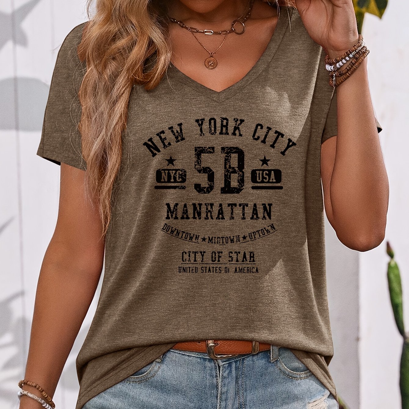 TEMU Retro And Fashionable City , Star-decorated Letter Print V-neck Short Sleeve T-shirt, Casual, Fashionable V-neck Trendy Short Sleeve, Everyday