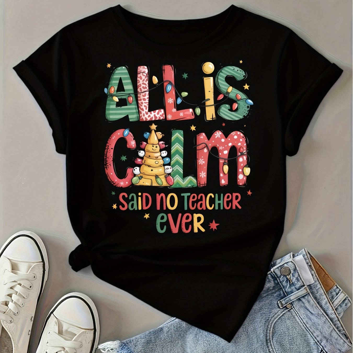 TEMU Women's Funny Christmas Teacher Saying - All Is Or 'm Told Saying With Colorful Print Loose- Neck Short Sleeve Casual Top For Holiday Parties