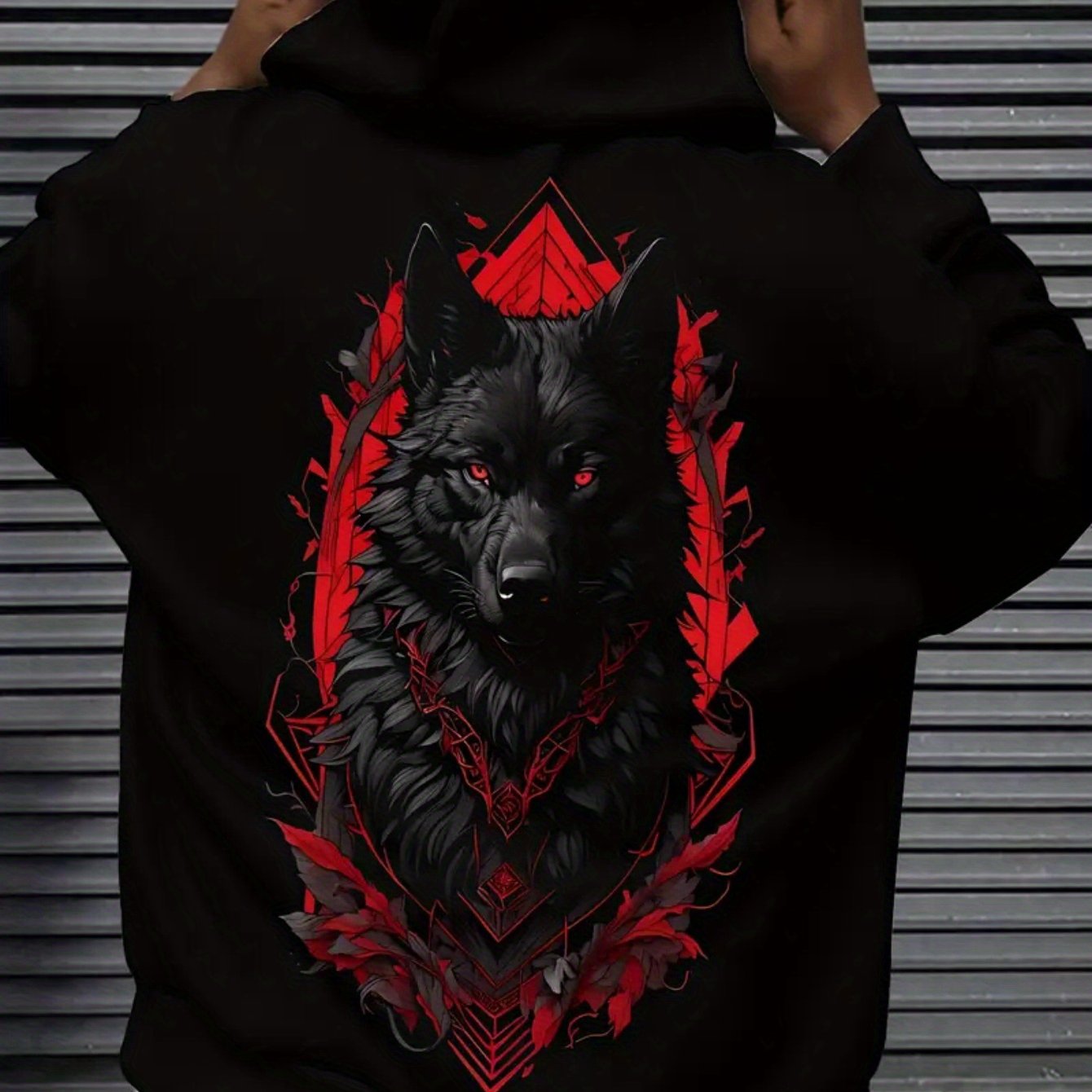 TEMU Men's Dark Hooded Sweatshirt - Winter Warm Pullover Hoodie With Wolf & Striped Design, 85%, Machine Washable Casual Sweater For Fall/winter