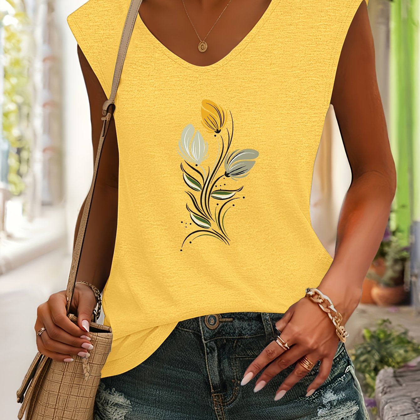 TEMU Un T-shirt manches avec un imprimé floral et moderne, polyvalent et confortable, fabriqué à partir d'un tissu respirant, parfait pour