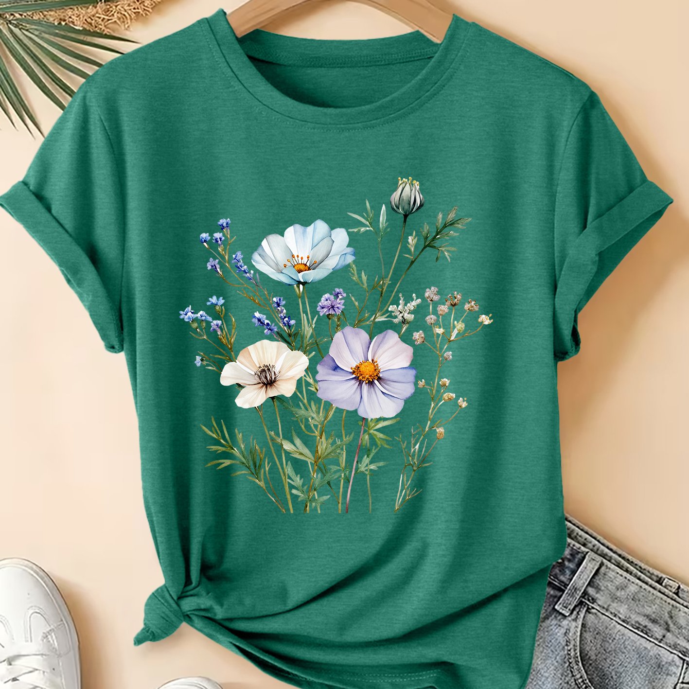 TEMU Women's Plus Size Persian Chrysanthemum T-shirt - Short Sleeve Round Neck Blouse-compatible Top | Non-sheer Opaque Machine Washable Suitable For