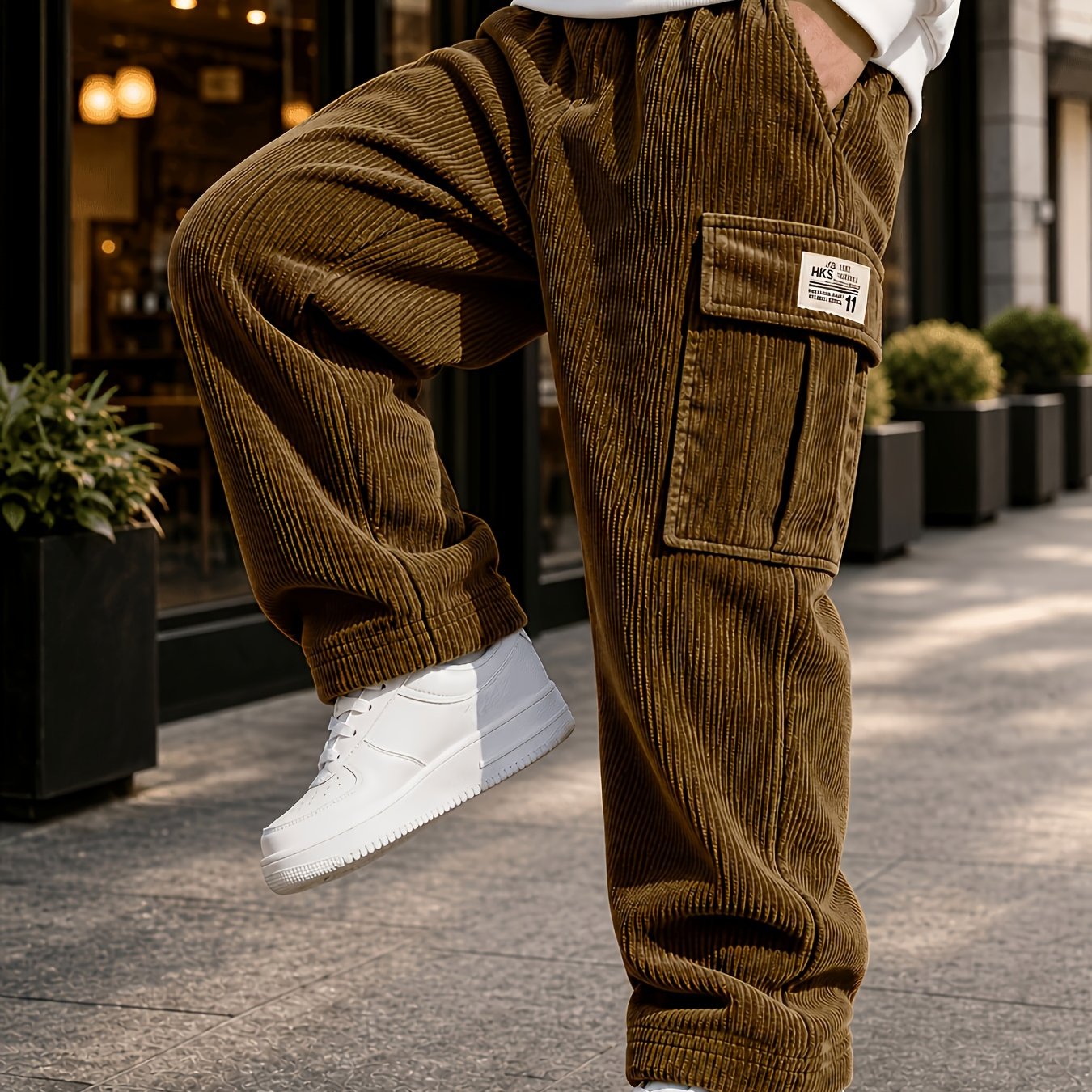 TEMU Corduroy Cargo Wide-leg Pants For Boys, Autumn Winter Elastic Waist Straight Trousers In 3 Colors, Side Large Decoration, Loose And Flowing Fit