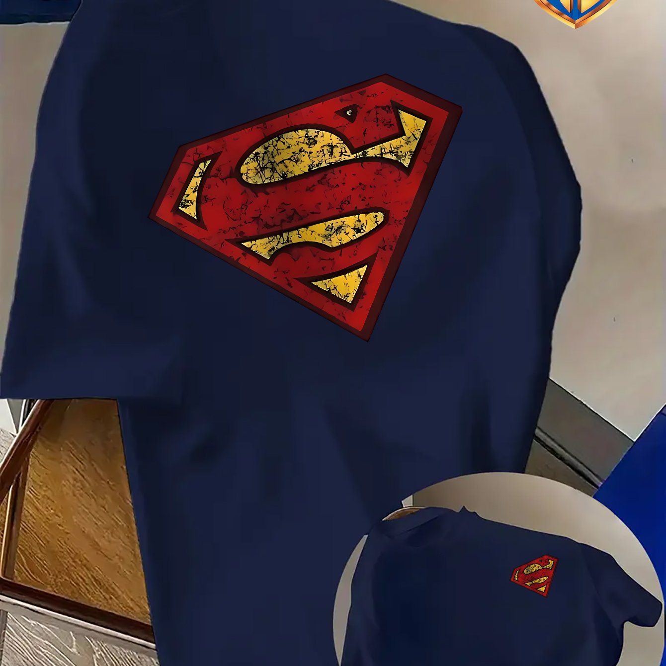 TEMU Wb . Has Authorized The 's T-shirt With The Theme Of Superman's Vintage , Featuring The Classic Print Design With Vintage Crack Style. A Trendy