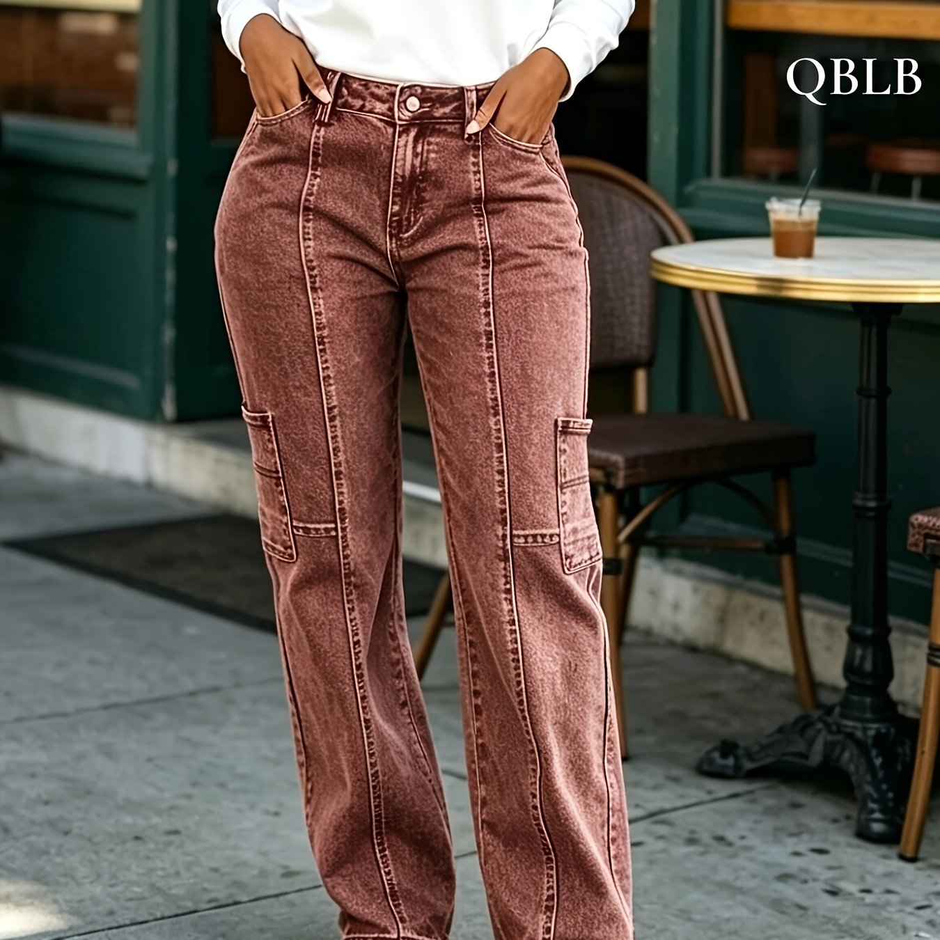 TEMU Women's Rust Brown Washed Cargo Jeans, High-waist Straight Leg Casual Trousers With Side Pockets, Machine Washable All Year Round, Soft