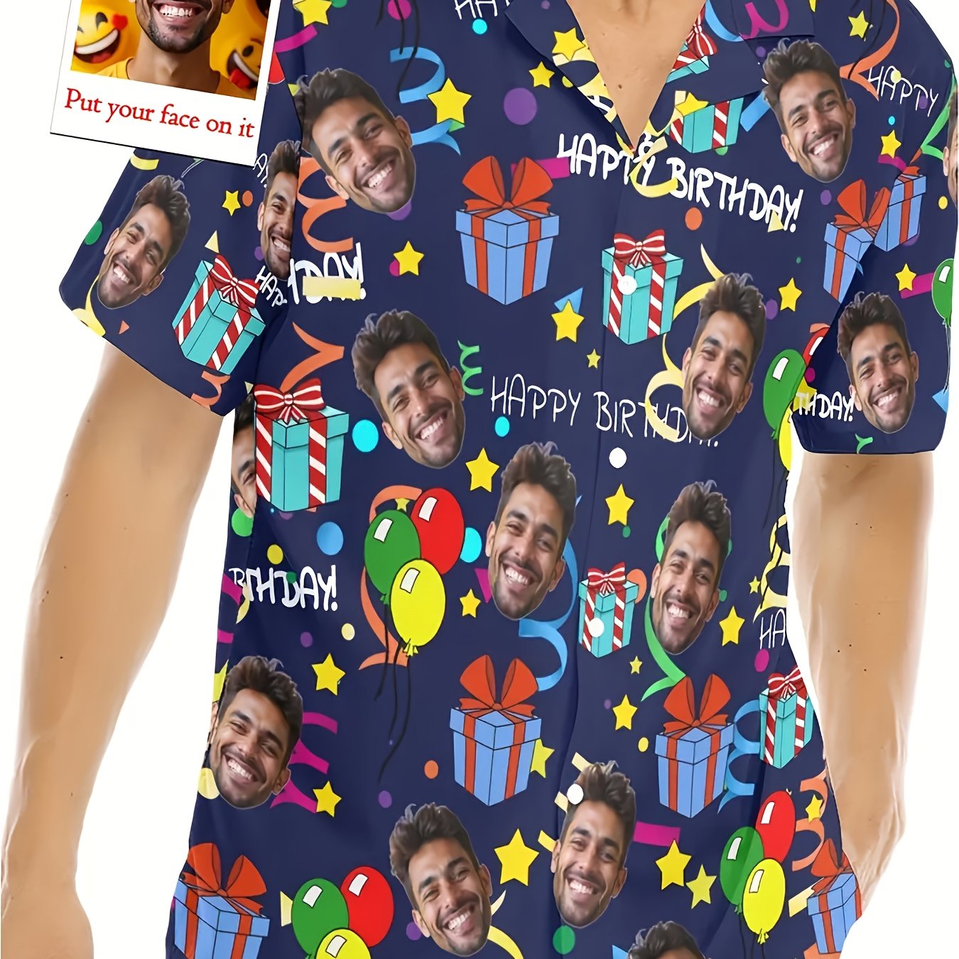 TEMU Custom Birthday Print Men's Casual Shirt – Lightweight & Breathable Polyester, With Fun Face & Gift – Parties, Birthdays, And Casual Attire –
