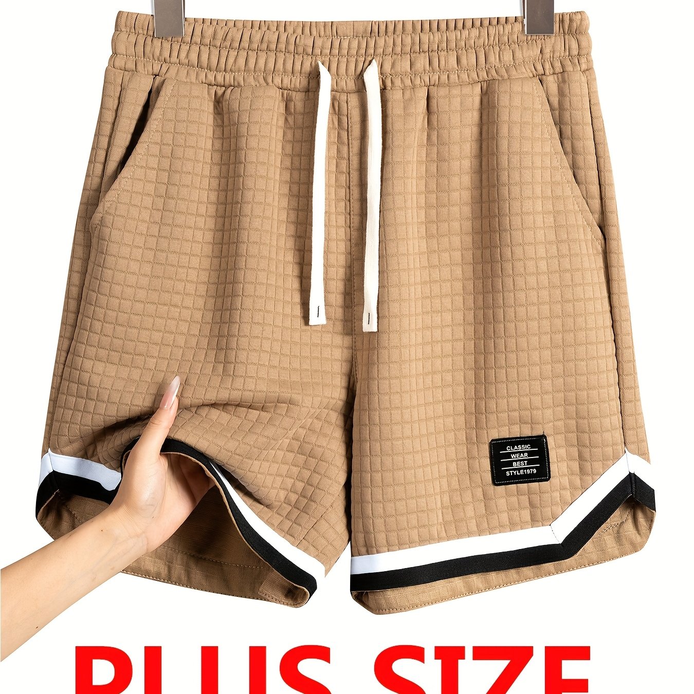 TEMU Plus Size Men's Casual Checkered Waffle Knit Shorts - Contrast Piping, Drawstring Waist & Pockets, Breathable Summer Outdoor Shorts For Big &