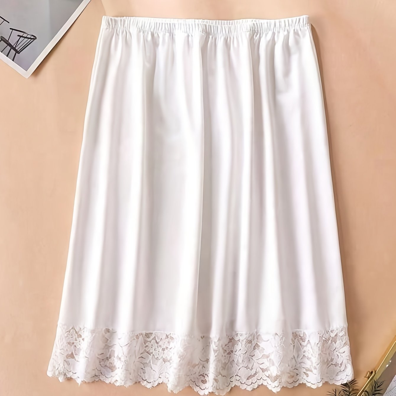 TEMU 1pc Sweet And Gentle Solid Color Fiber Fabric Lace Half-length Short Waist Skirt (50cm) Used As A Base Petticoat To Cover The Hips And Look Thin