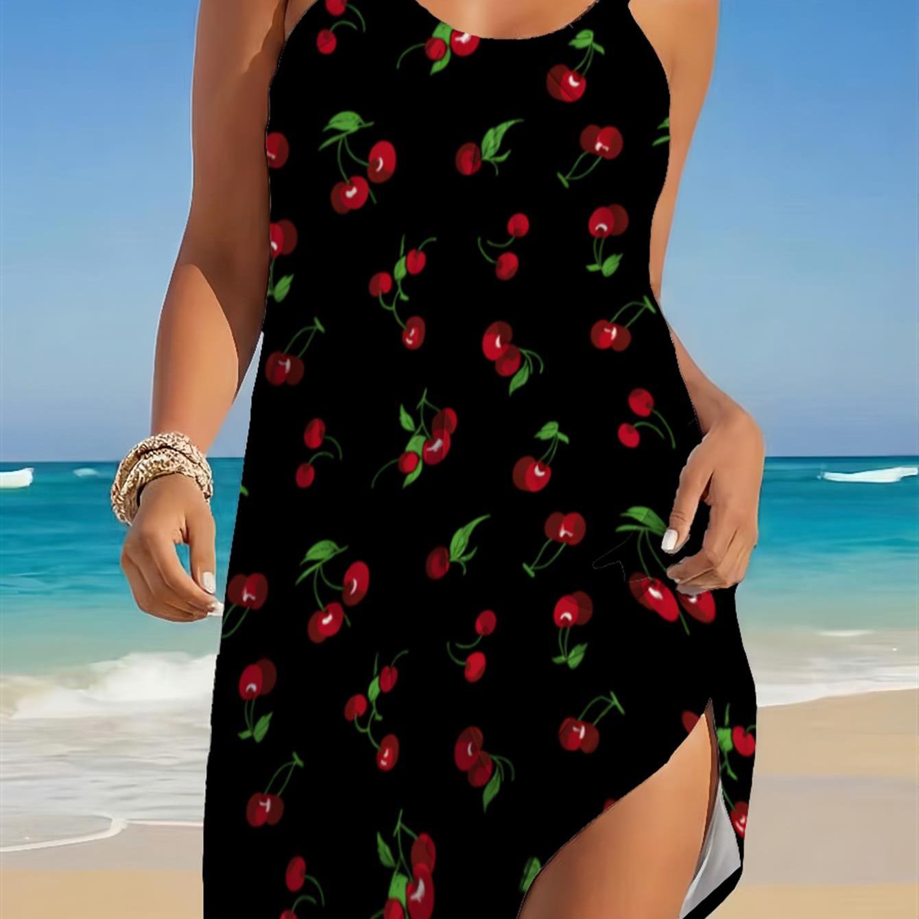 Image of Women's Black Halter Dress With Vibrant Print - Minimalist Flat Illustration Pattern, High Contrast Summer Tank Dress