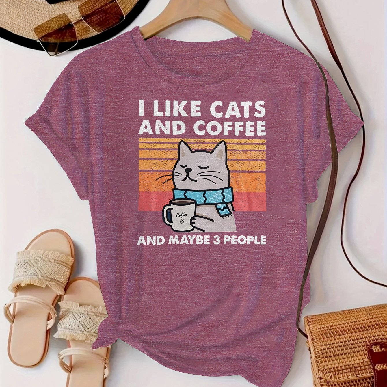 TEMU Women's T-shirt Featuring A Cartoon Cat With A Blue Scarf, Designed With A Trendy Print. Soft, Comfortable, And The Skin, Making It Perfect For