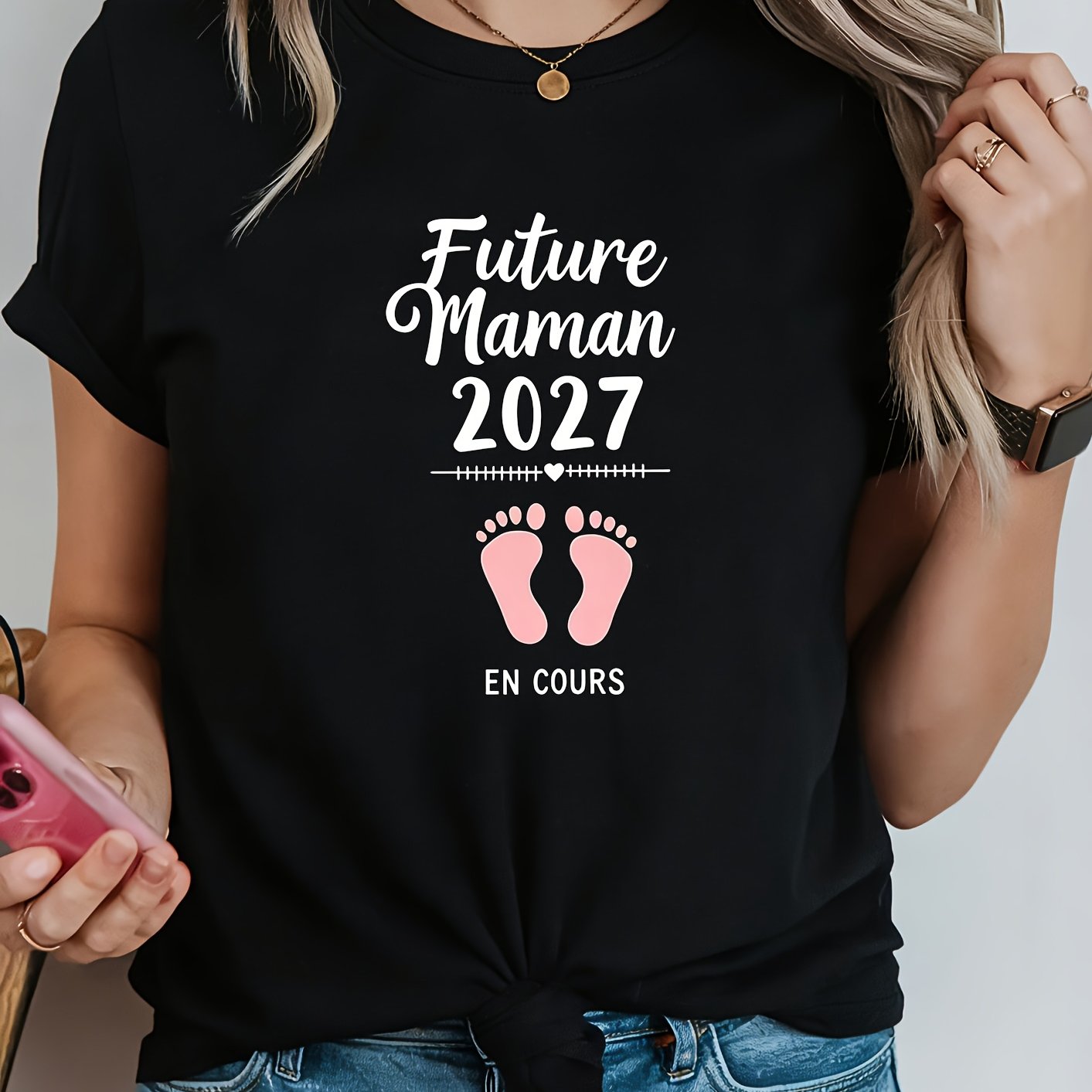 TEMU Women's T-shirt, French 2027, Announcement Footprint Print, Women's Black Round Neck Short Sleeve Tee, Fashionable Gentle Design Elegant Retro,