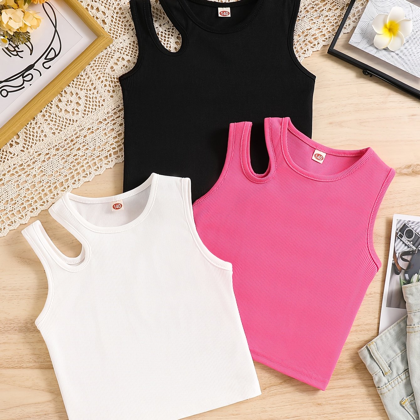 Image of Girls' Clothing Apparel 3pcs Set High-elastic Short Comfortable All- Sense Ribbed Fine Pinstripe Knit Top Vest, Wear Clothing, Beach Style, , Outdoor, Back-to-, Graduation Season, Casual Wear