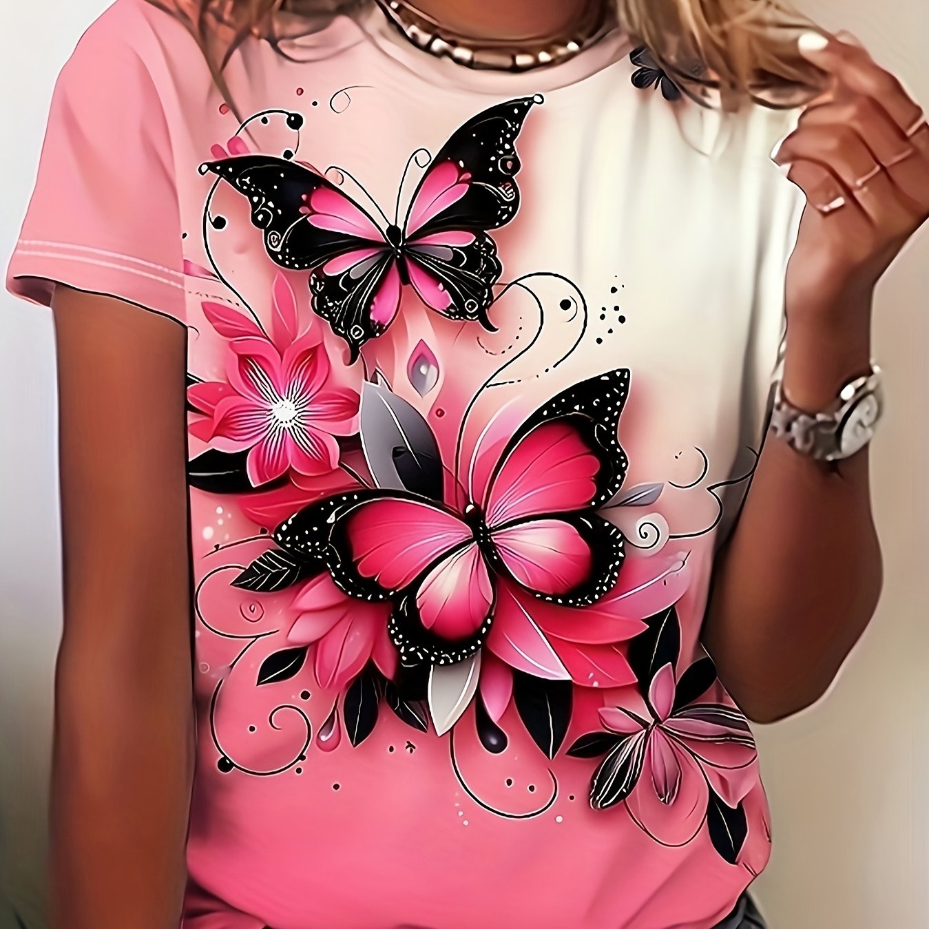 Image of A Women's Cute And Floral T-shirt - Spring/summer Short-sleeve Round-neck Top With Adorable Print, Soft Polyester And Spandex Blend, Machine Washable