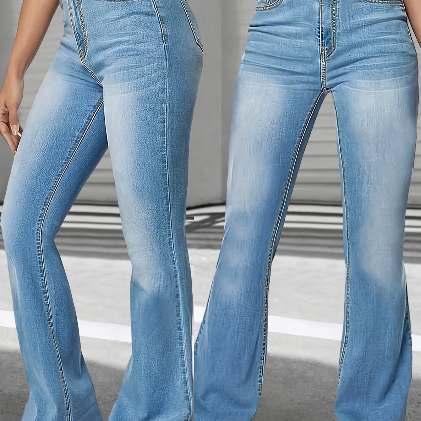 [detailed Stitching] Women's High-waist Stretch Blue Flare Jeans - Soft, Comfortable Denim With -, Casual Bell Bottoms, Machine Washable