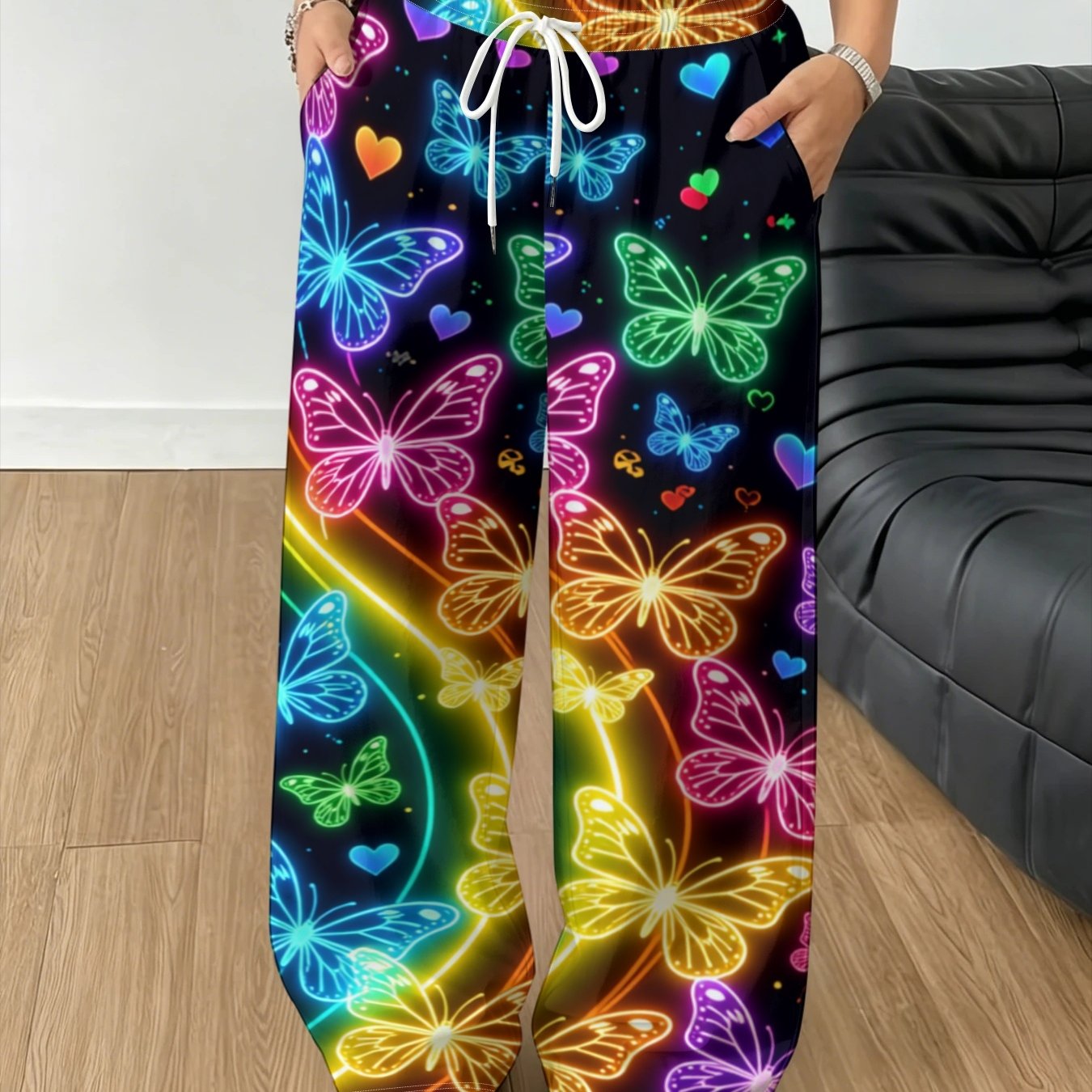 TEMU Women's Luminous Heart Print Wide Leg Casual Long Pants, Y2k Dark Bottom Psychedelic Fluorescent Straight Trousers