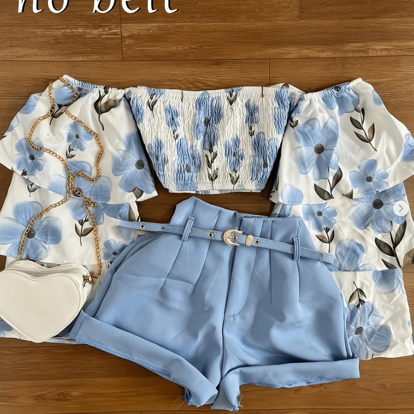 TEMU Spring/summer New Floral Print Sleeve Top And Shorts Set, Belt Not Included