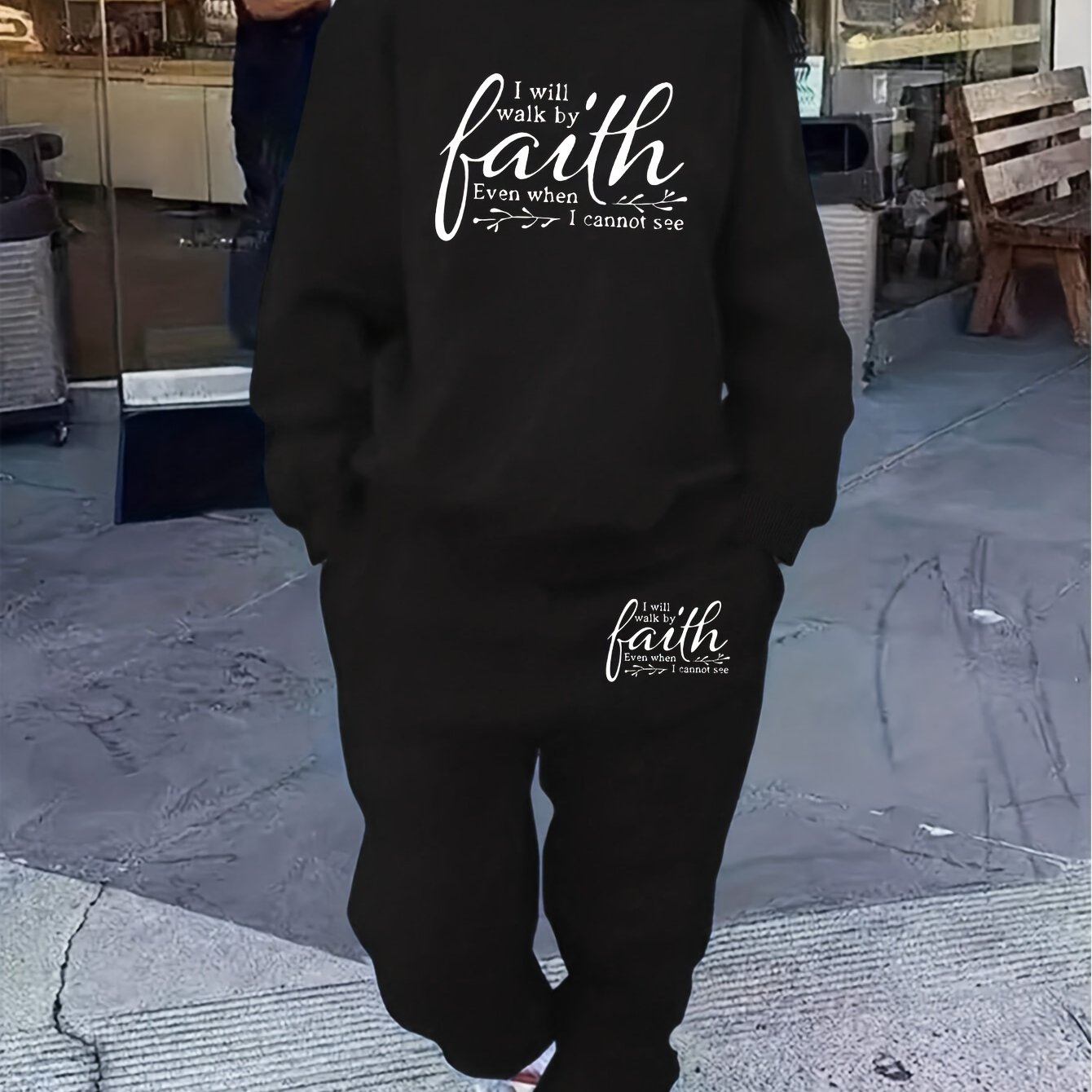 TEMU Letter Print 2 Piece Set, Crew Neck Sweatshirt & Pants, Women's Clothing