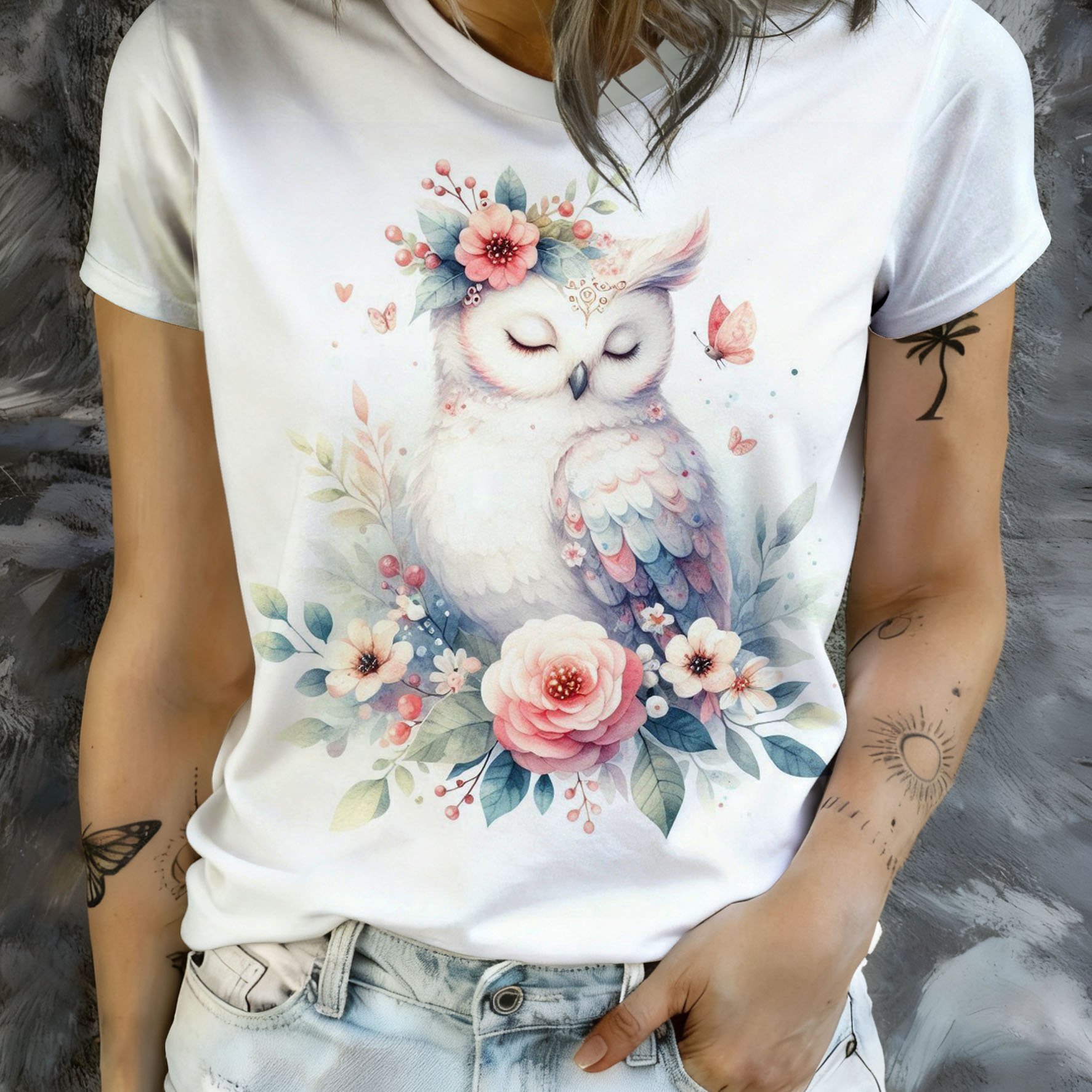 TEMU [printed Design - Not Textured] Soft Watercolor Floral Crown Print Short Sleeve T-shirt: Pink-blue Feathered Cute Owl   Floral Vine Clusters  