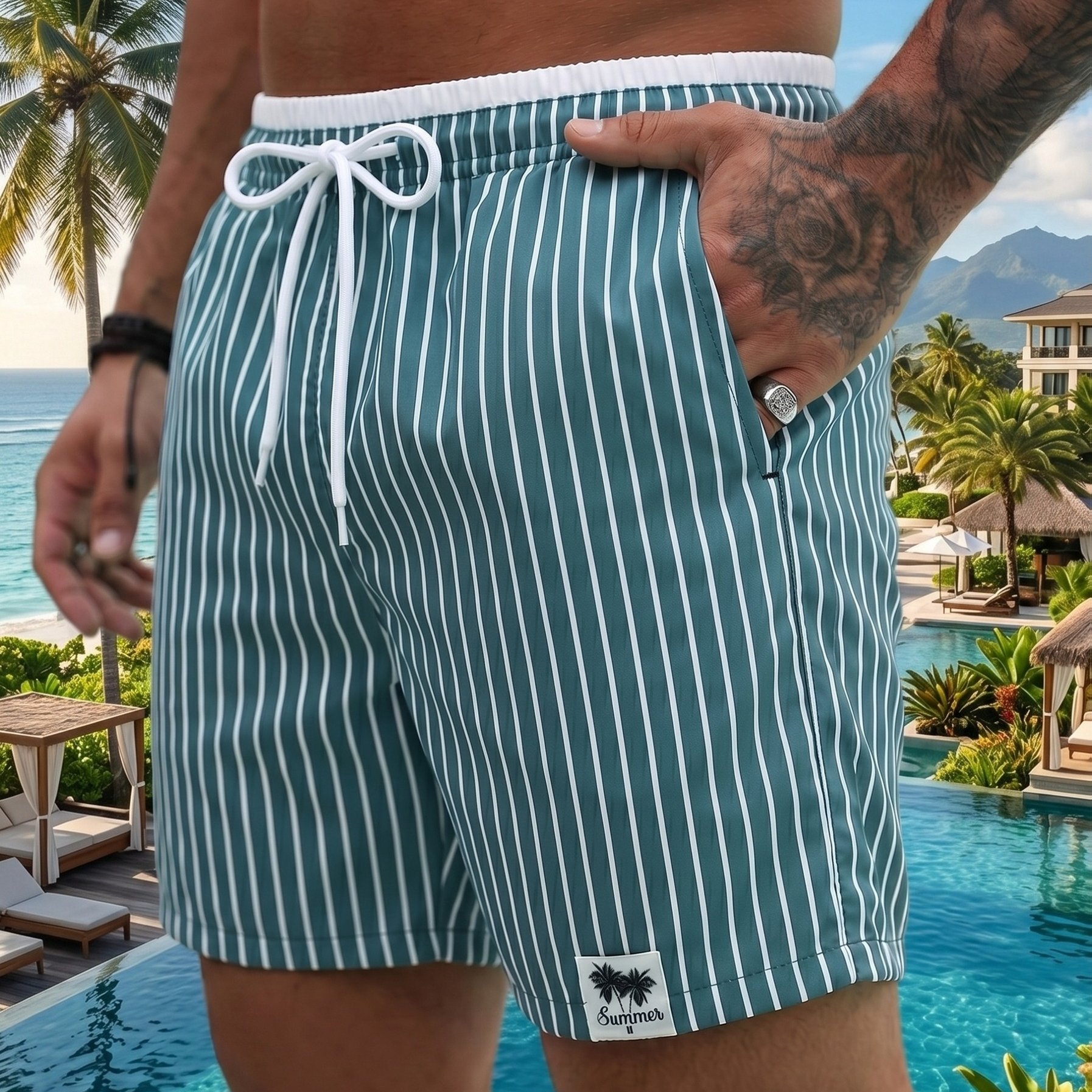TEMU Printed Design Not Textured Plus Size Men's Beach Shorts, Swim Trunks, Quick-dry, Classic Striped Patterns, 2026 Style, Plus Size Men's Shorts