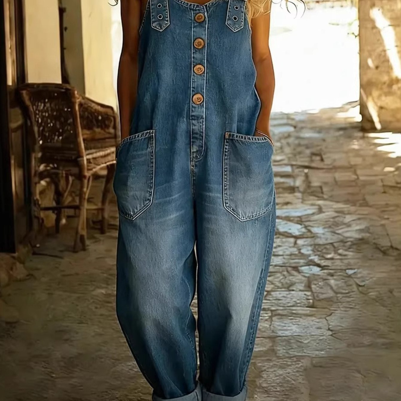 2026 Vintage Distressed Thin Loose-'s Casual Denim Jumpsuit, Straight-leg Cropped Pants, Adjustable , Soft And Comfortable Fabric