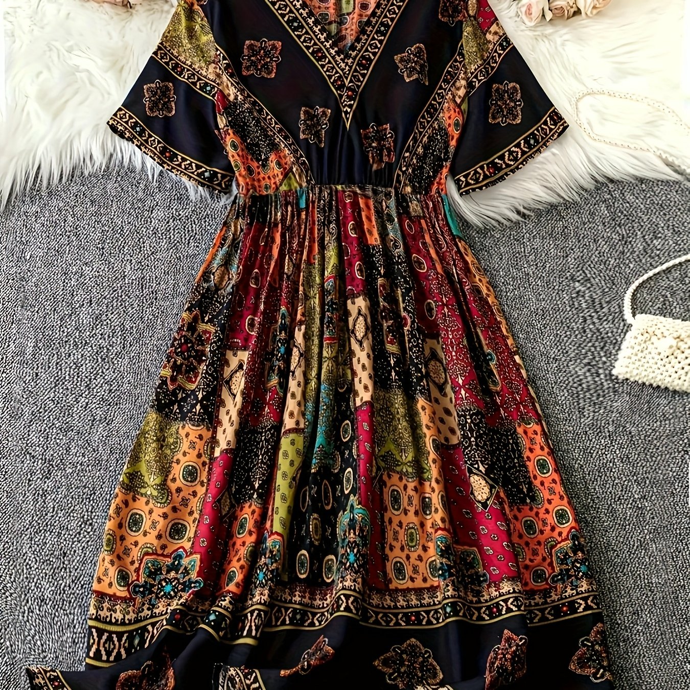 E-shop Böhmisches lässiges Urlaubs-Damenkleid mit lockerem V-Ausschnitt