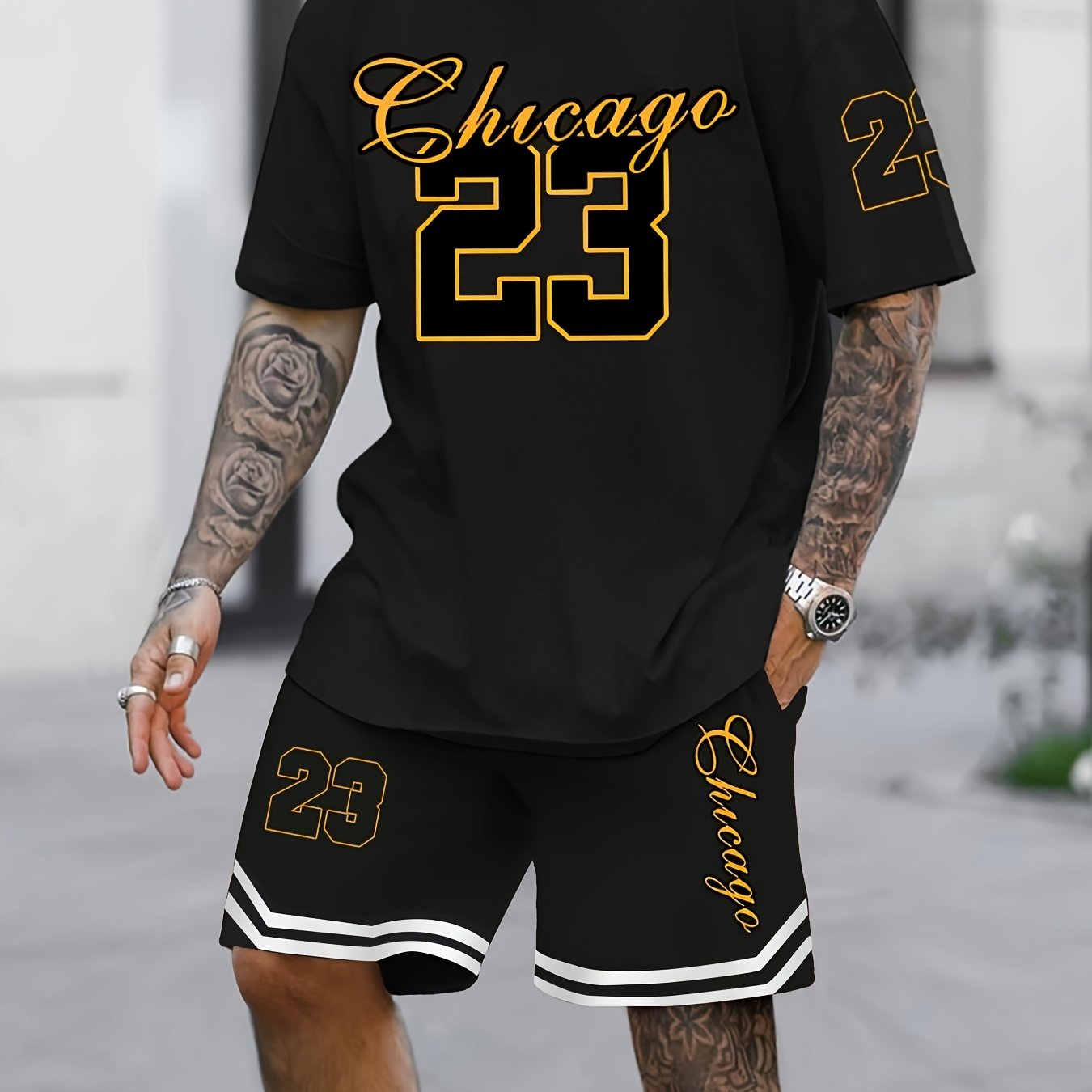 Image of Men's Summer Fashion 2pcs Set - #23 Jersey Print Men's Short Sleeve Shirt & Black Sports Shorts With Pocket Drawstring - Non-dry Clean, Comfortable Fabric For , Machine Washable Gift