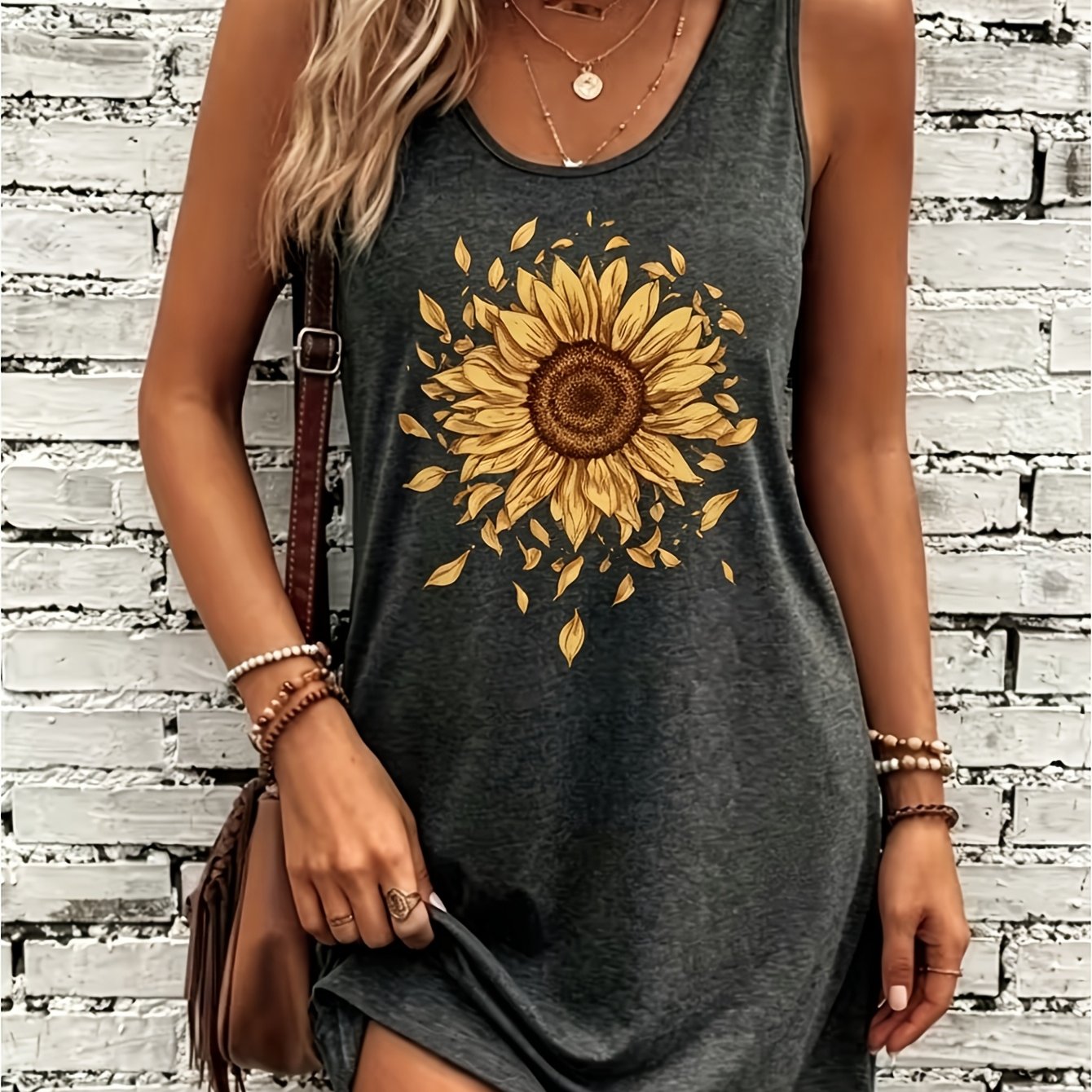 TEMU Casual Sunflower Print Loose-fitting , Vintage Round-neck Sleeveless Sunflower Pattern Tank Dress, Summer Beach