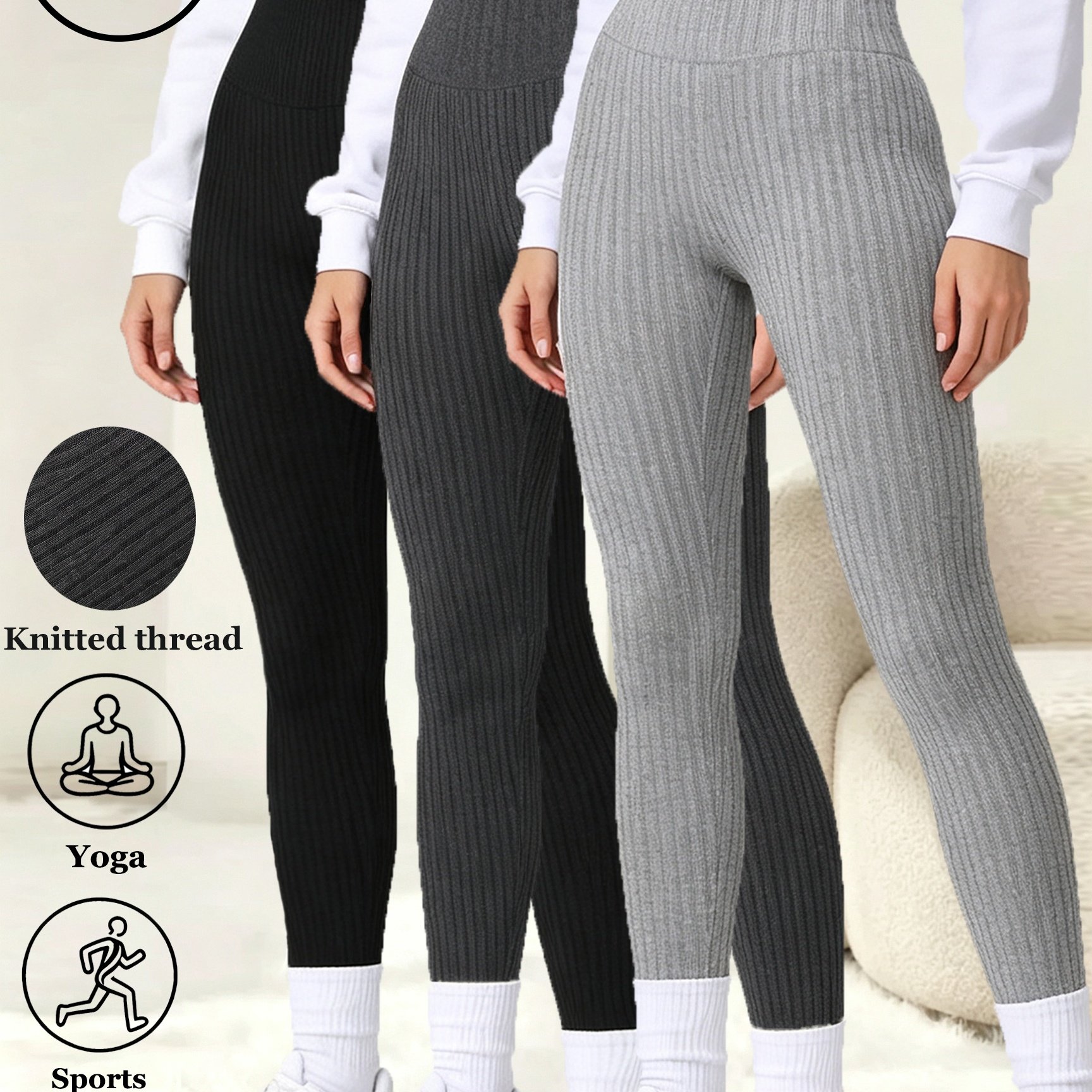 TEMU 3-pack Seamless Autumn Winter Warm High-elastic Solid Color Ribbed Texture Yoga Leggings Women Athletic Wear Stretch Nine-point Pants Soft