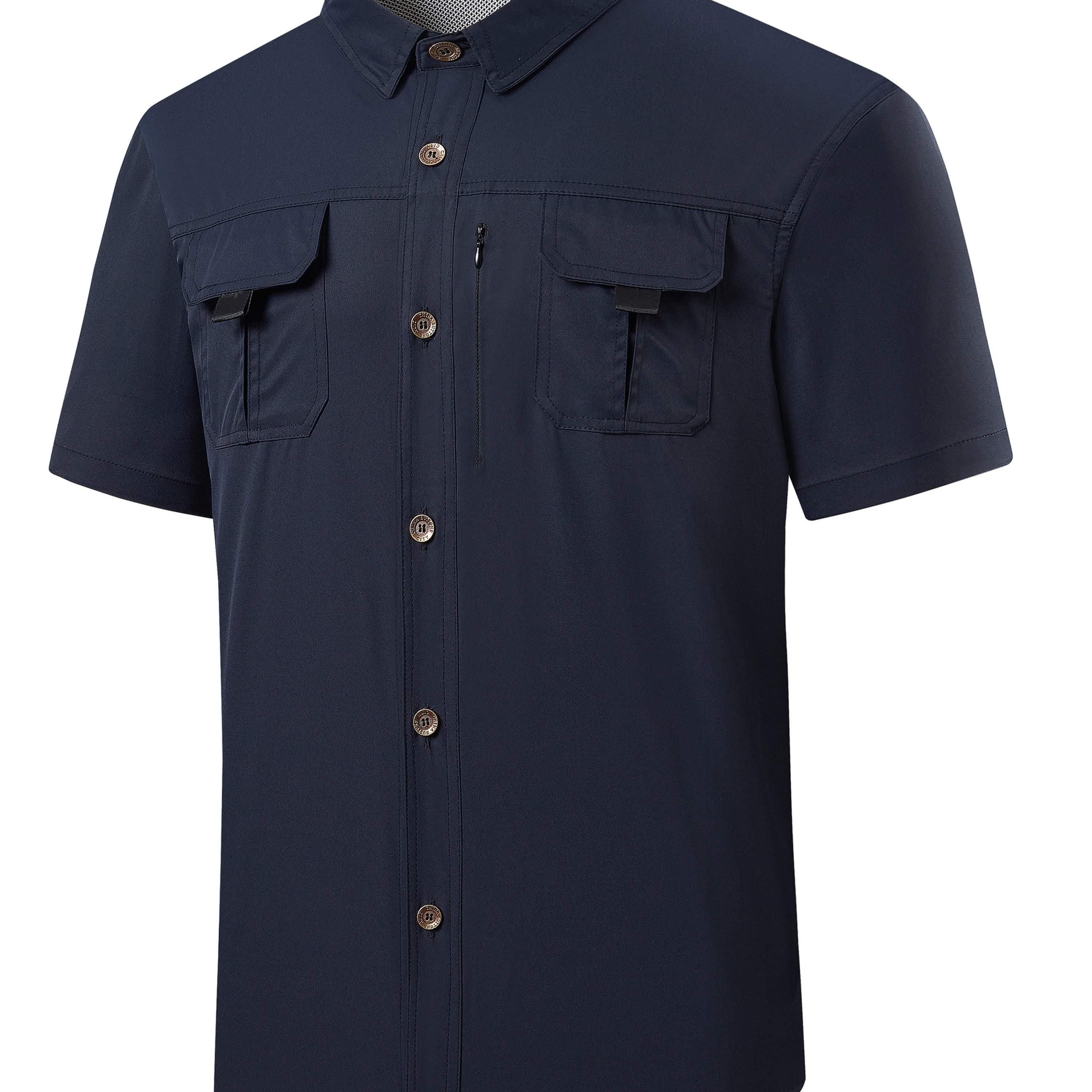 TEMU Men's Breathable Outdoor Solid Color Multi-pocket With Mesh Zipper Casual Button-up Short-sleeve Work Shirt Blouse