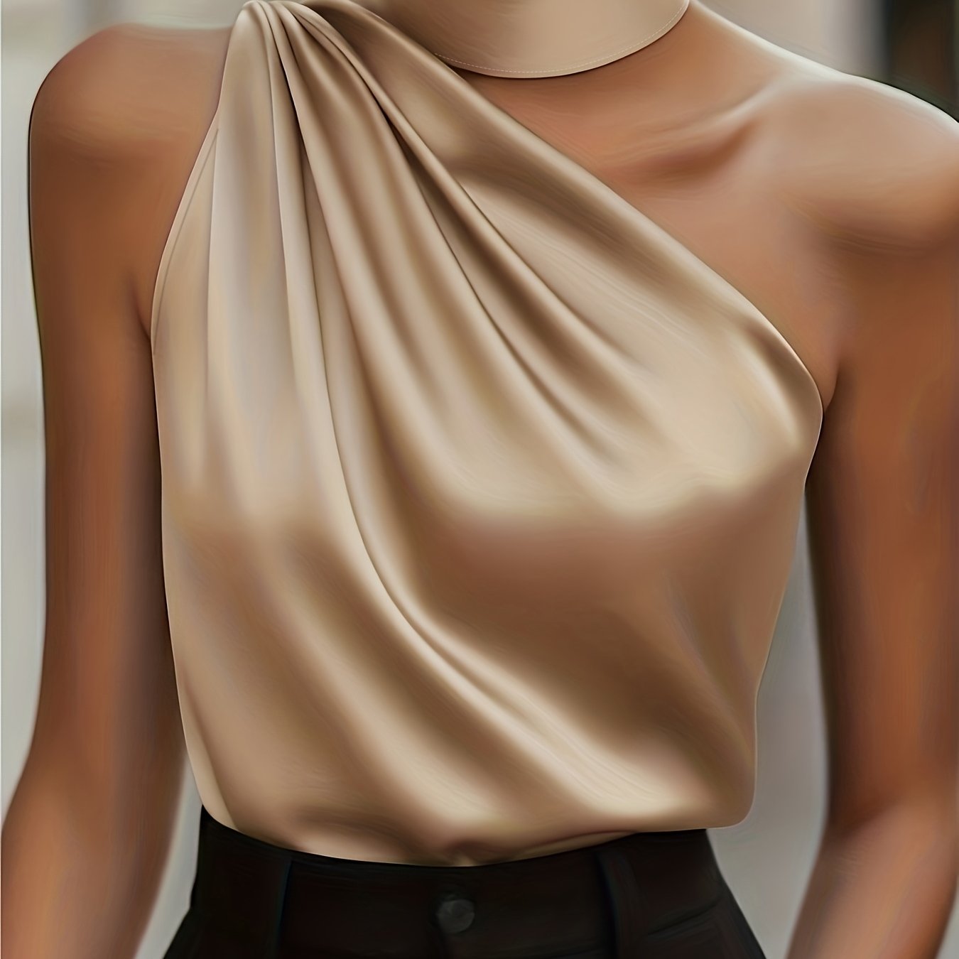 E-shop Asymmetrisches ein Schulter-Top mit drapiertem Kragen, Neckholder-Top mit hohem Stehkragen für Damen, Top mit Rüschen-Detail, elegantes