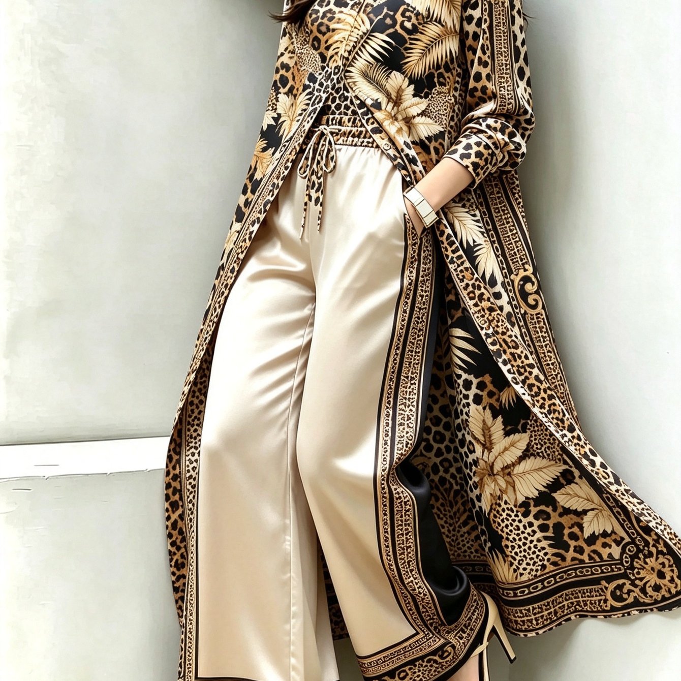 TEMU Women's Vintage Leopard Palm 2pcs Set Long Sleeve Long Shirt & Wide Leg Pants Casual Daily Vacation Outfits-long Shirt Drawstring Wide Leg Pants
