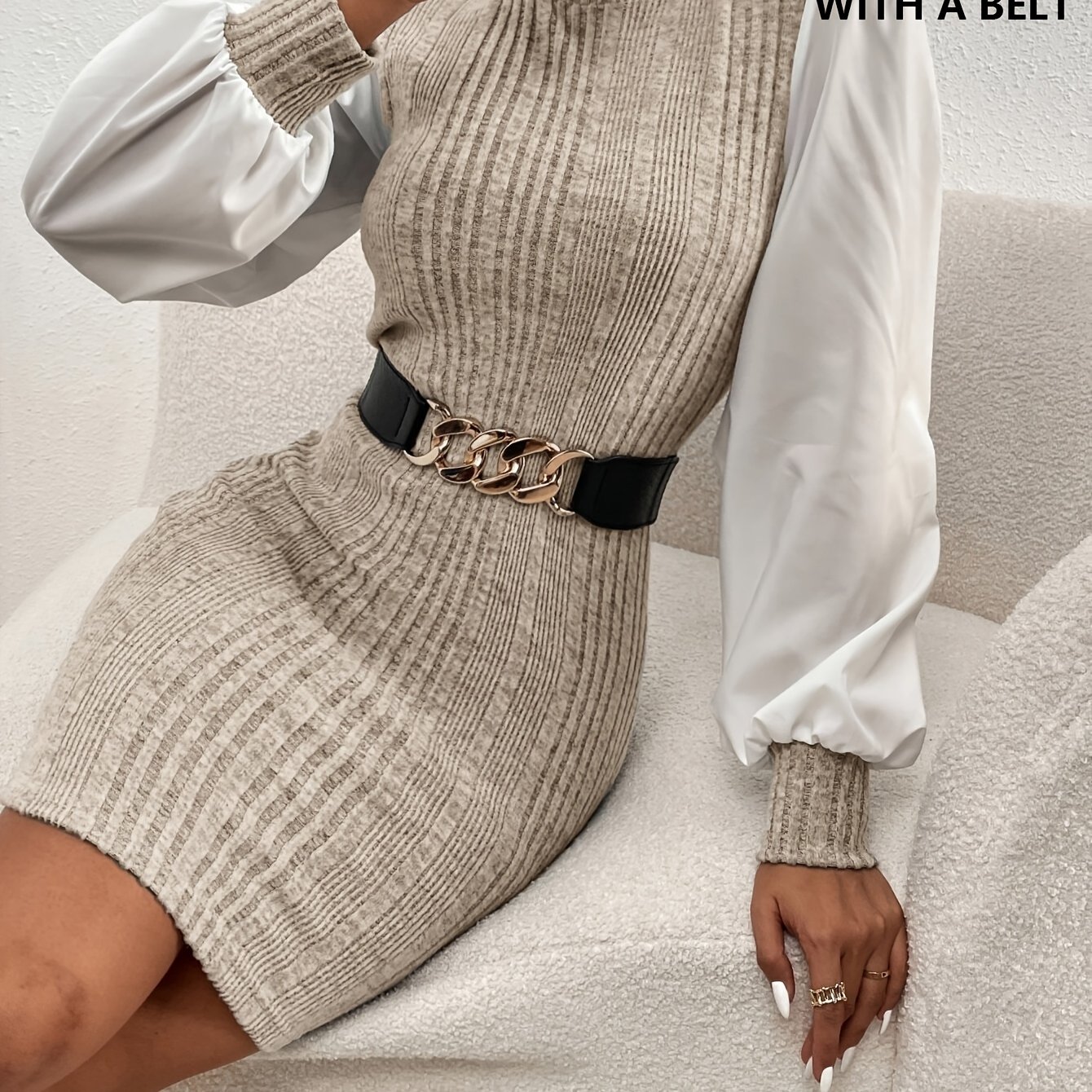 [rabbit Dance Orientation] Autumn And Winter New Slim Long Sleeve Sleeve High Neck Hip Belt Dress