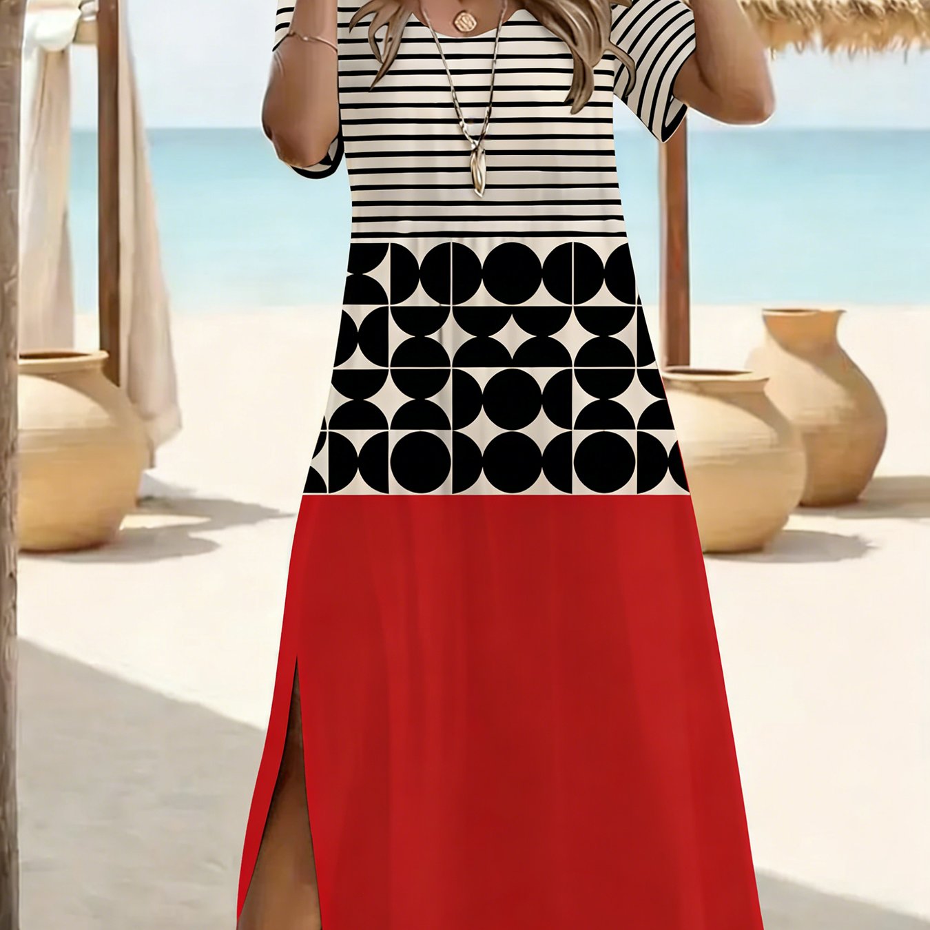 Women's Casual Short Sleeve Sundress With Geometric Patterns, Soft Long Sleeve Beach Dress, V Neck, Side Split