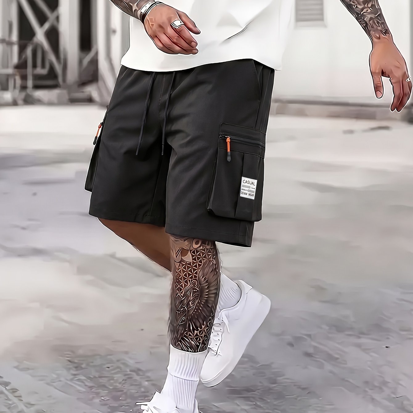 TEMU Easy And Comfortable Men's Casual Work Shorts With Multiple Side Pockets, Letter Prints, Durable Three-dimensional Design, Perfect For Walking,