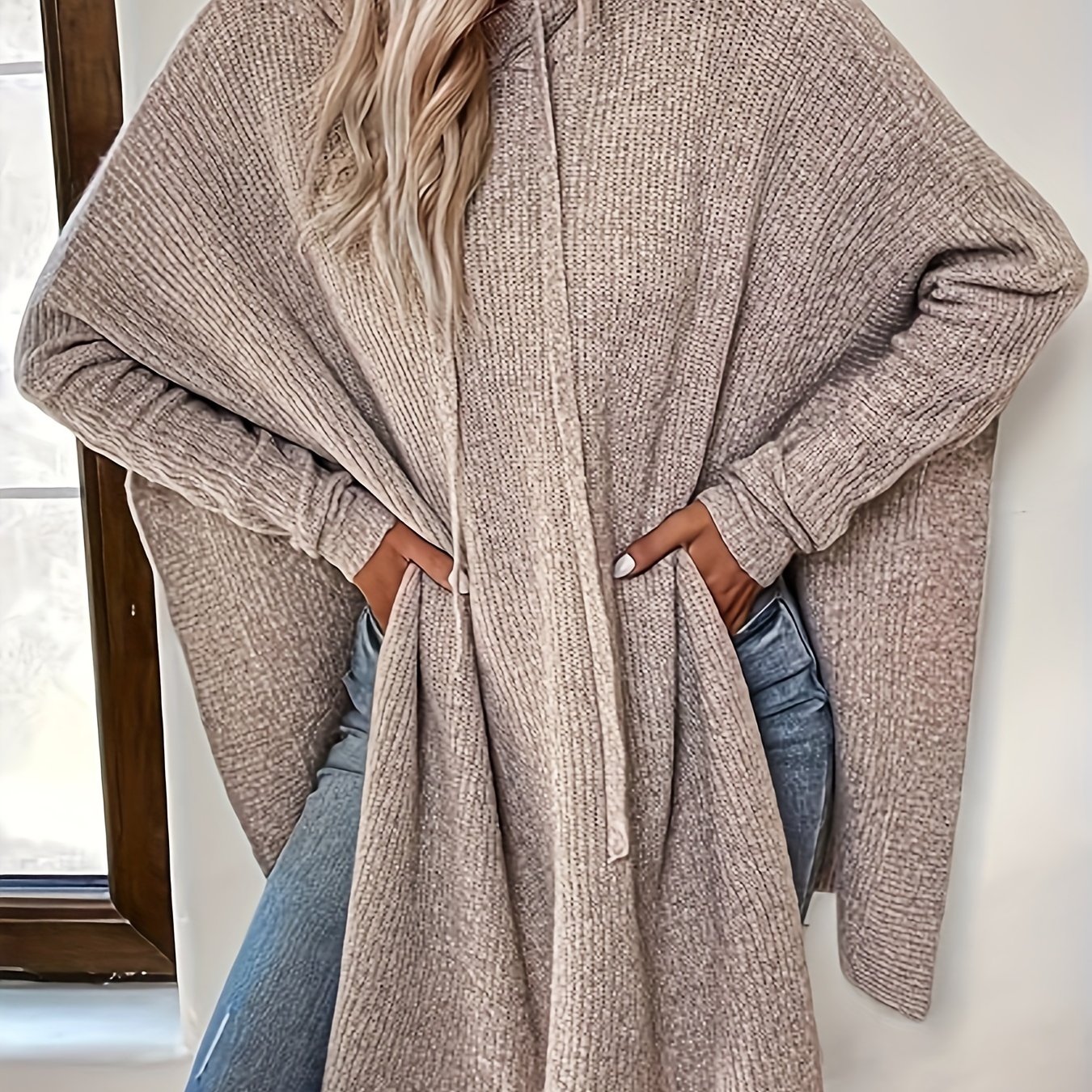 Plus Size - Plus Size - Sweater Bat Sleeve Drawstring Hooded Sweater