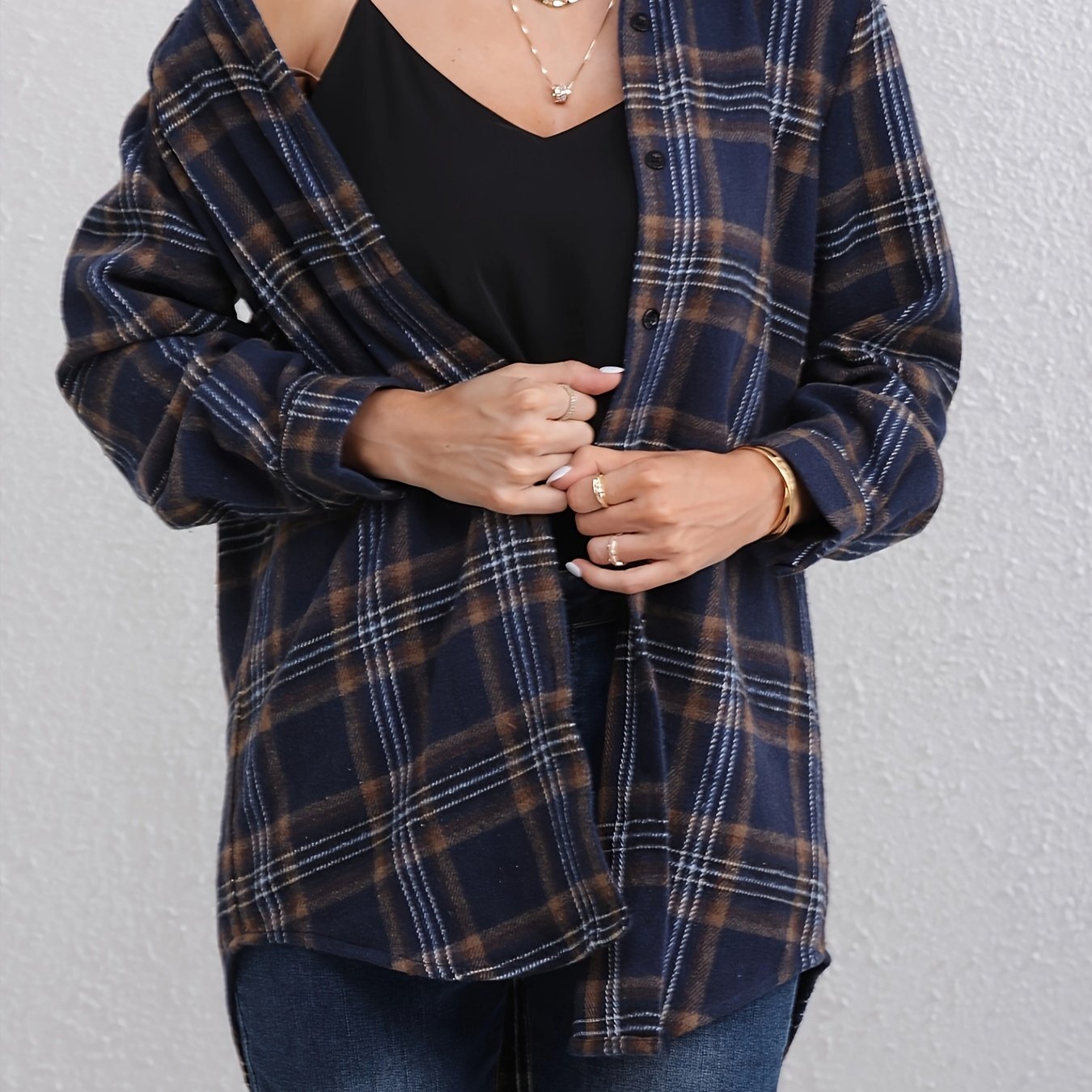 TEMU camicia a quadri da donna, top chic a maniche lunghe retr簷 a met� per l'/inverno, per sovrapporre