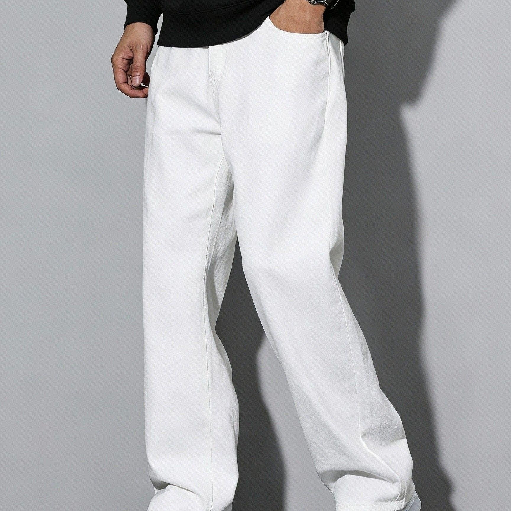 1pc Washed White Easy Loose Jeans For Men, Fashionable Trendy Solid Wide Straight Trousers For Men, Hip-hop Versatile Floor-length Pants (belt/additions Not Included)