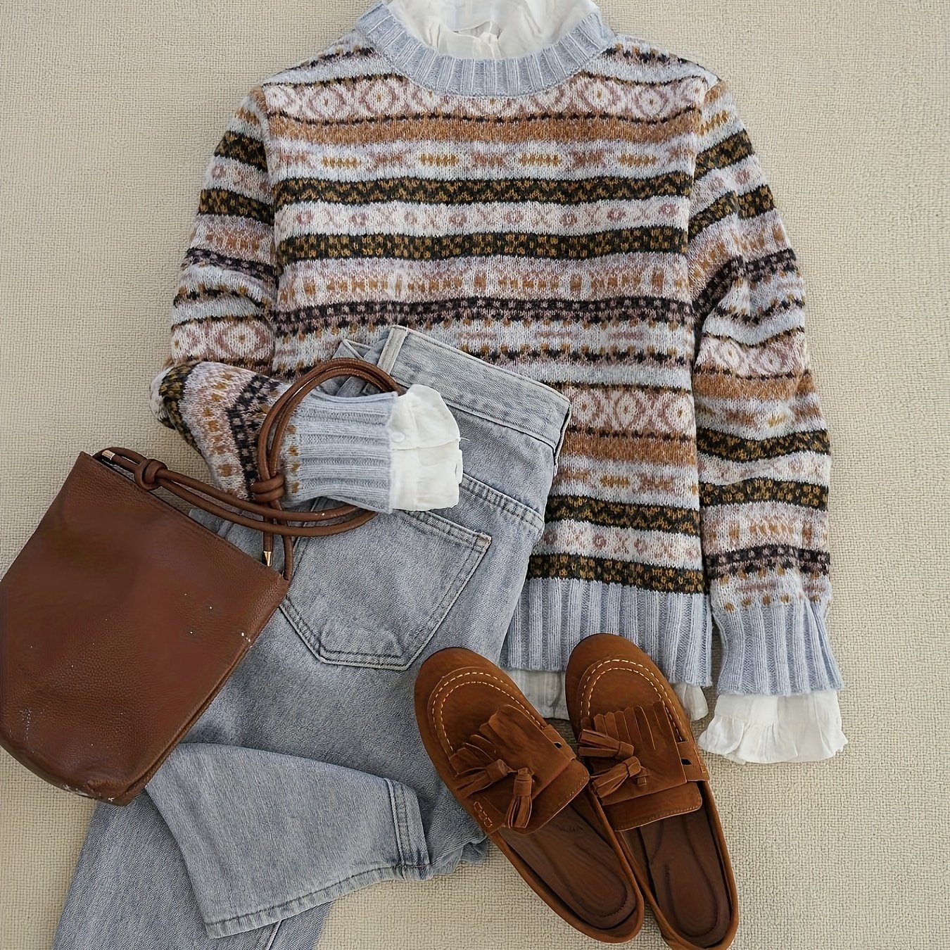 TEMU Pull décontracté pour femme à blocs de couleur, col ras du cou, pull tendance automne/hiver | Pull à texture douce