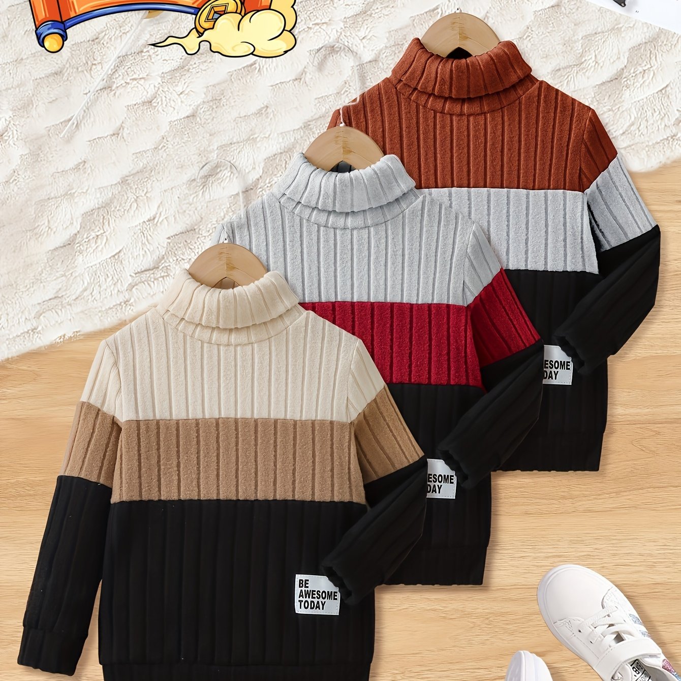 3pcs Set Of Boys' Spring And Fall High-necked Letter Badge -blocking Knitted Base Pullover "base Slim Fabric, The Fabric Is Relatively Light And Transparent"