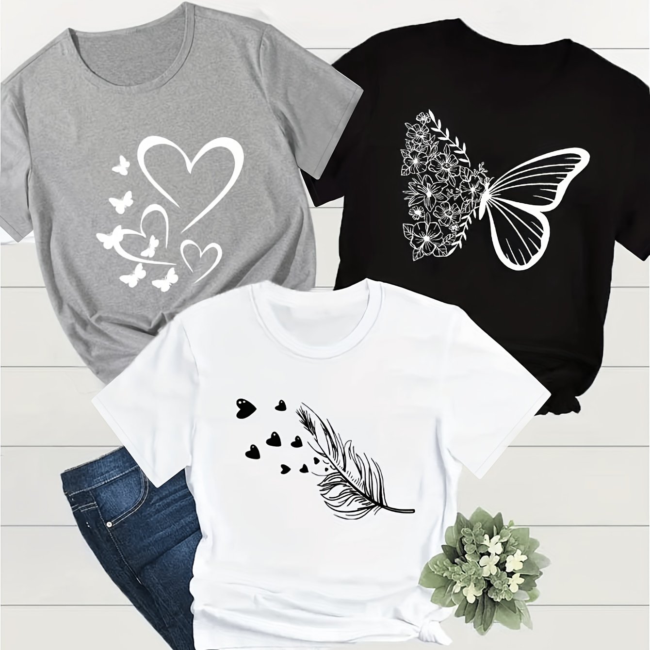 TEMU Ensemble de 3 T-shirts à Manches Courtes avec Imprimé Papillon Créatif et Cœur de Dessin Animé, Hauts Décontractés à Col Rond pour Femmes -