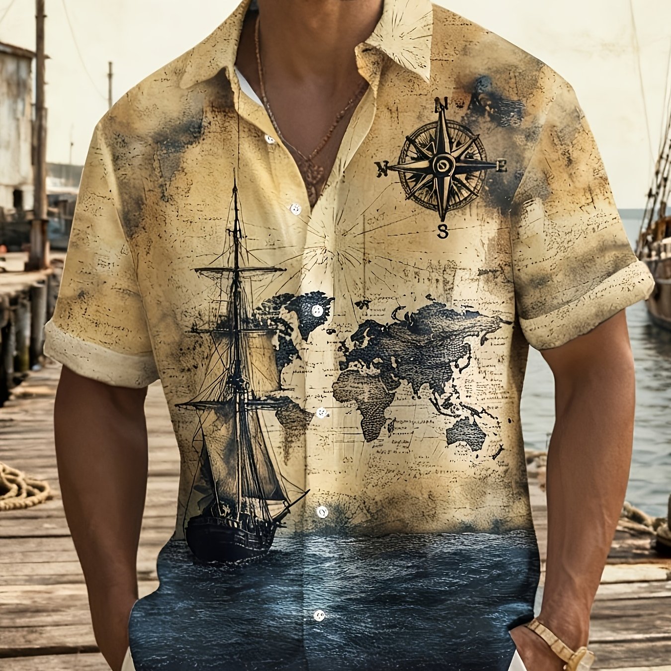 TEMU Vintage Nautical Print Men's Plus Size Short Sleeve Hawaiian Shirt World Map Sailboat Design, Summer Casual Shir