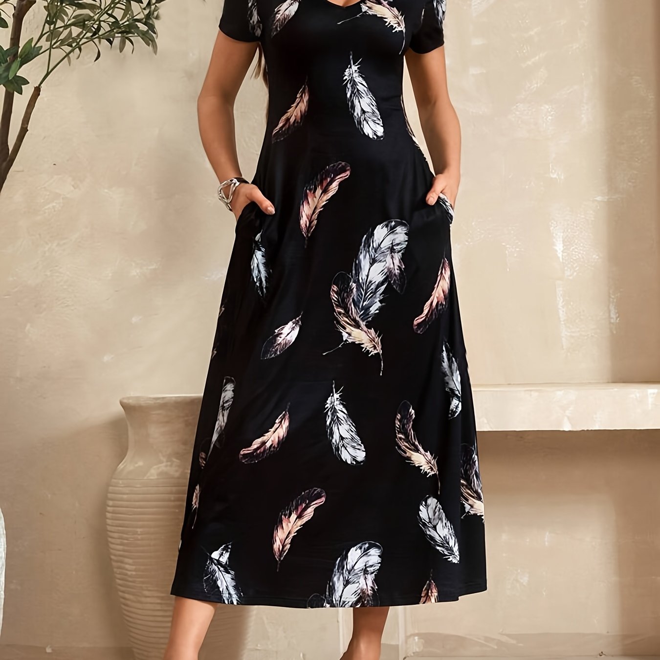Image of Vacation Summer Music Festival Casual Gathering V-neck Short Sleeve Print Pocket A-line Dress