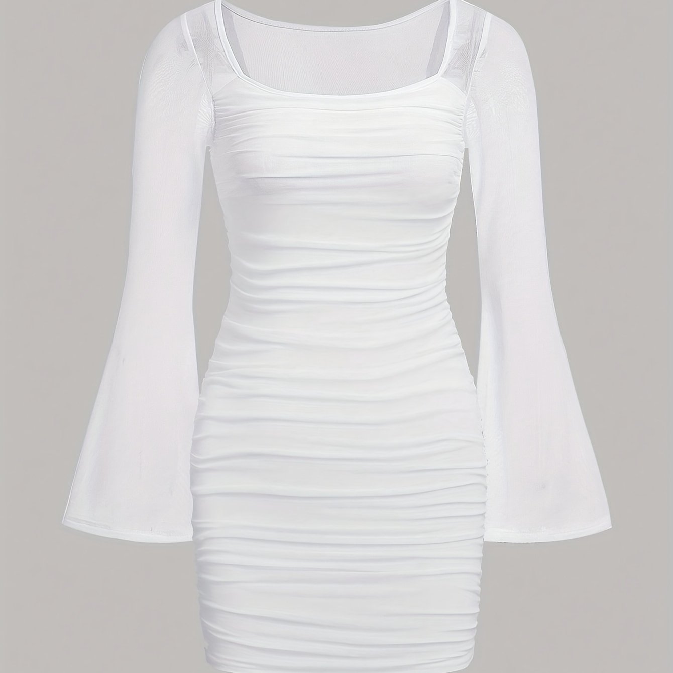 Image of Girl's Casual Fashion Solid Color Dress With Square Neckline, Flared Sleeves, And Pleated Design, Suitable For Daily , Travel Vacations, And Party Wear, A Perfect Gift