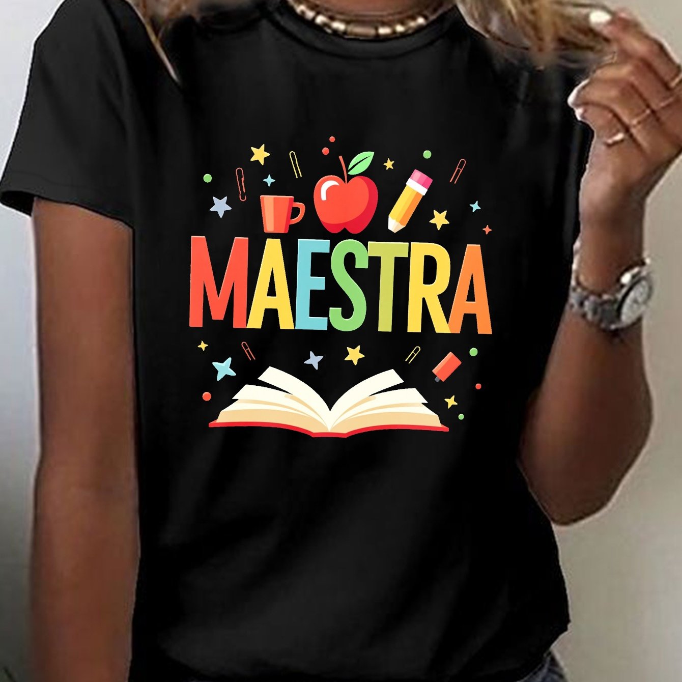 TEMU Teacher Print T-shirt, Short Sleeve Crew Neck Casual Top For Summer & Spring, Women's Clothing