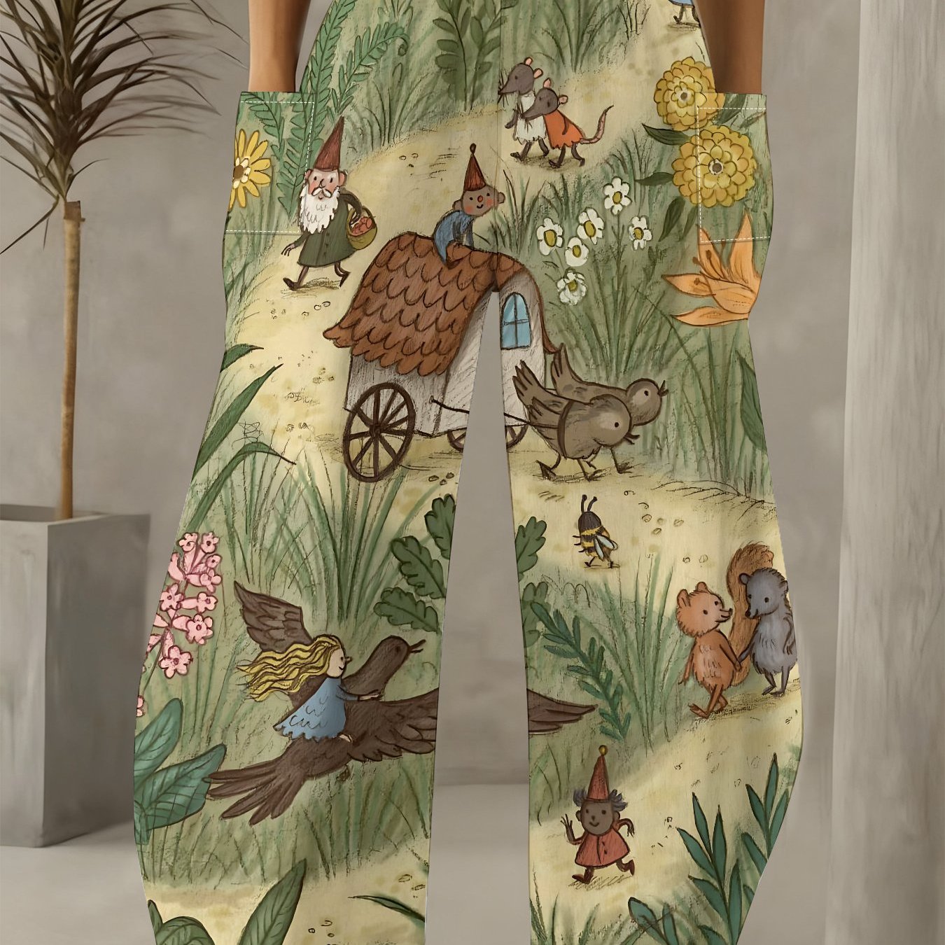 TEMU Elf Printed Wide-leg Pants | Vintage Women's Trousers In A , Relaxed Fit With Tapered Cuffs For Casual Wear