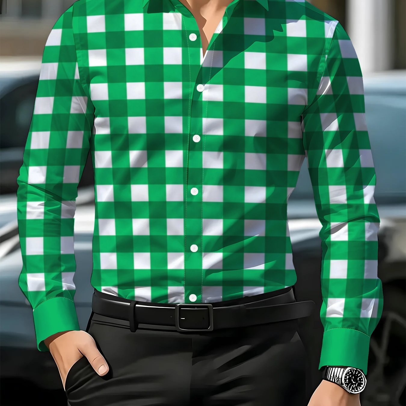 TEMU Men' And White Plaid Long Sleeve Shirts, Business Casual Lapel Button- Tops, Slim Fit Breathable Daily Versatile Shirts