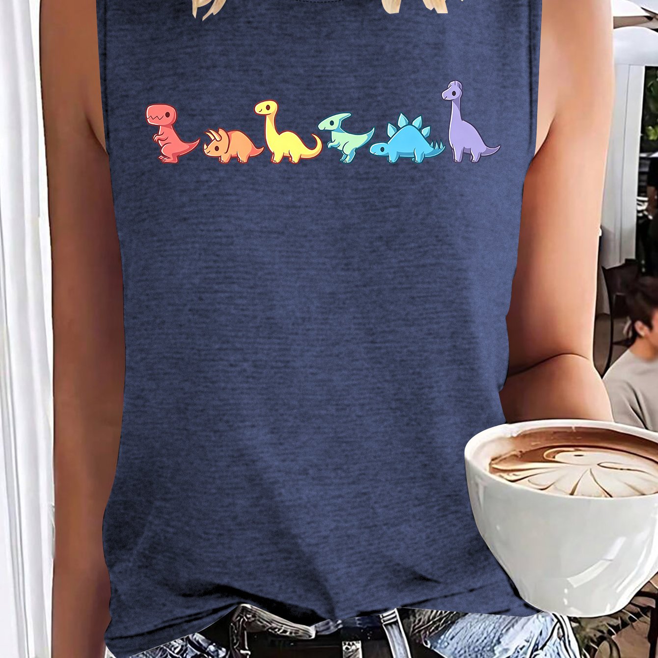 TEMU Women's Retro Hawaiian Dinosaur Print Sleeveless Tank Top - Round Neck Blouse-compatible Base Layer Shirt Suitable For Daily Wear, Vacation