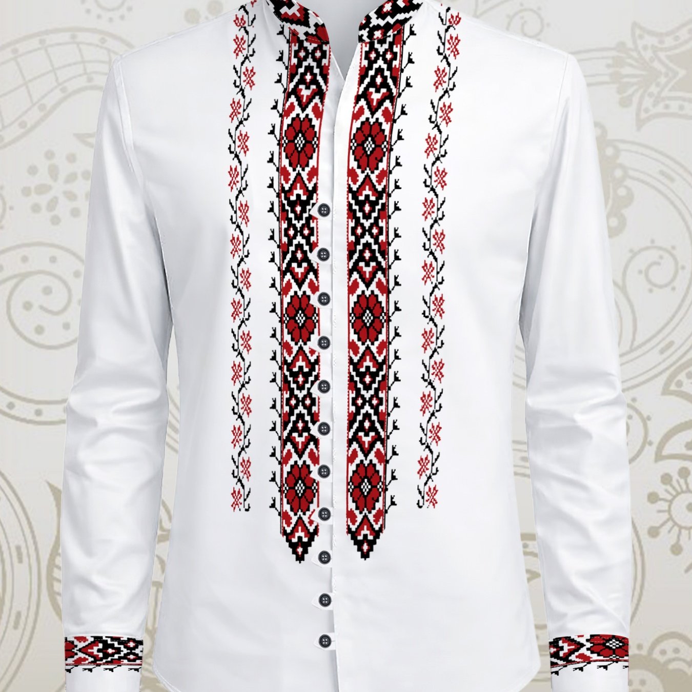 TEMU Men's 11-button Long Sleeve Shirt With Ethnic Collar, Slim Casual Top, Retro Geometric , Trendy Versatile Daily Commuting Style